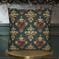 Baroque Damask Christmas Pillow Cover: Evergreen Gold and Simulated Red Bow Holiday Accent