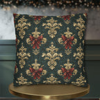 Baroque Damask Christmas Pillow Cover: Evergreen Gold and Simulated Red Bow Holiday Accent