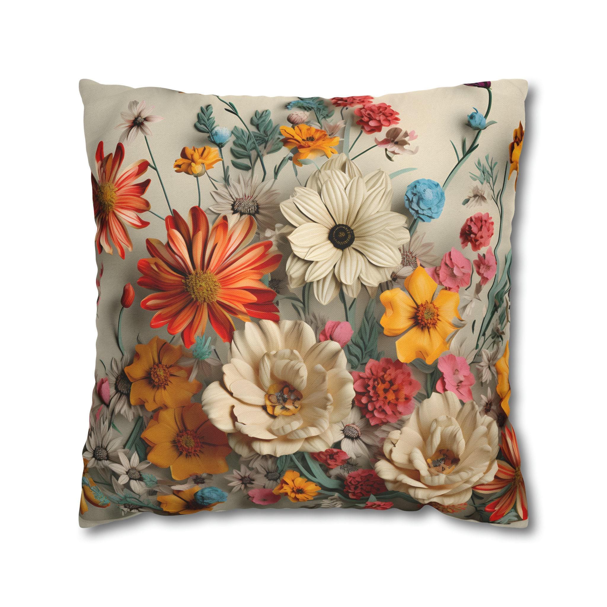 Vintage Style Brightly Colored Throw Pillow Cover: Boho Wildflowers on a Light Cream Background