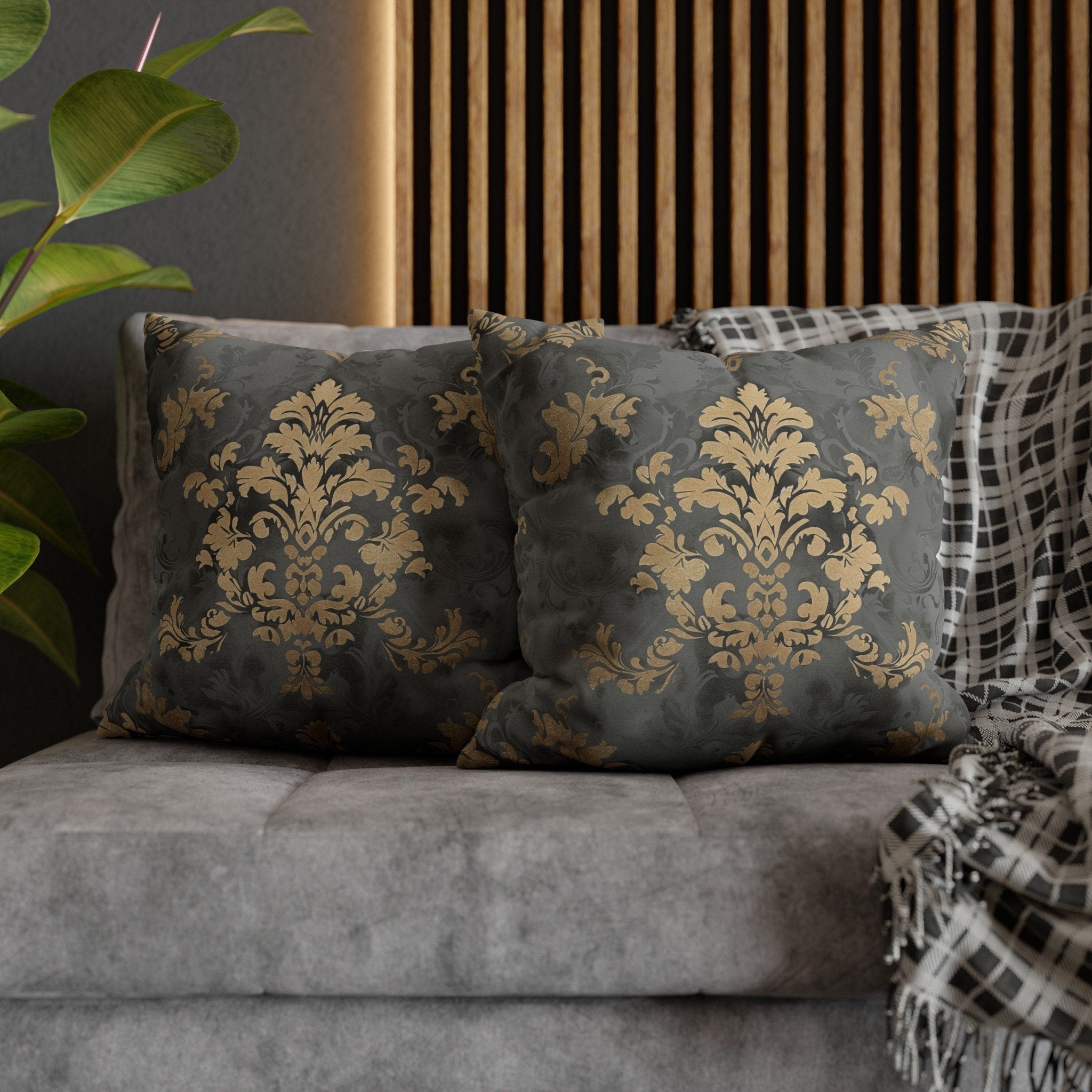 Gold Floral Damask Pillow Cover: Elegant Grey Decor
