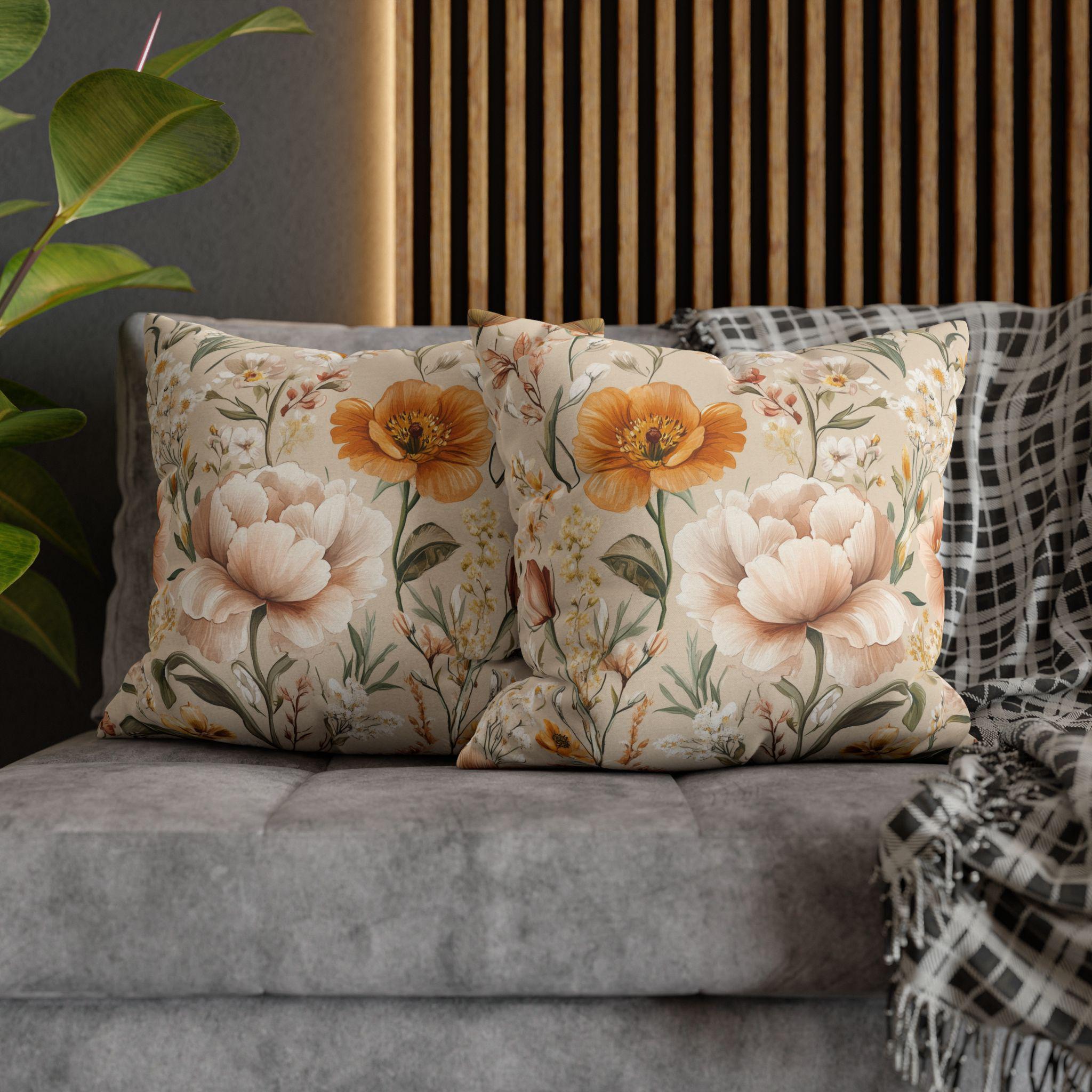 Botanical Pillow Cover: Apricot, Honey, Sage on Warm Neutral Background