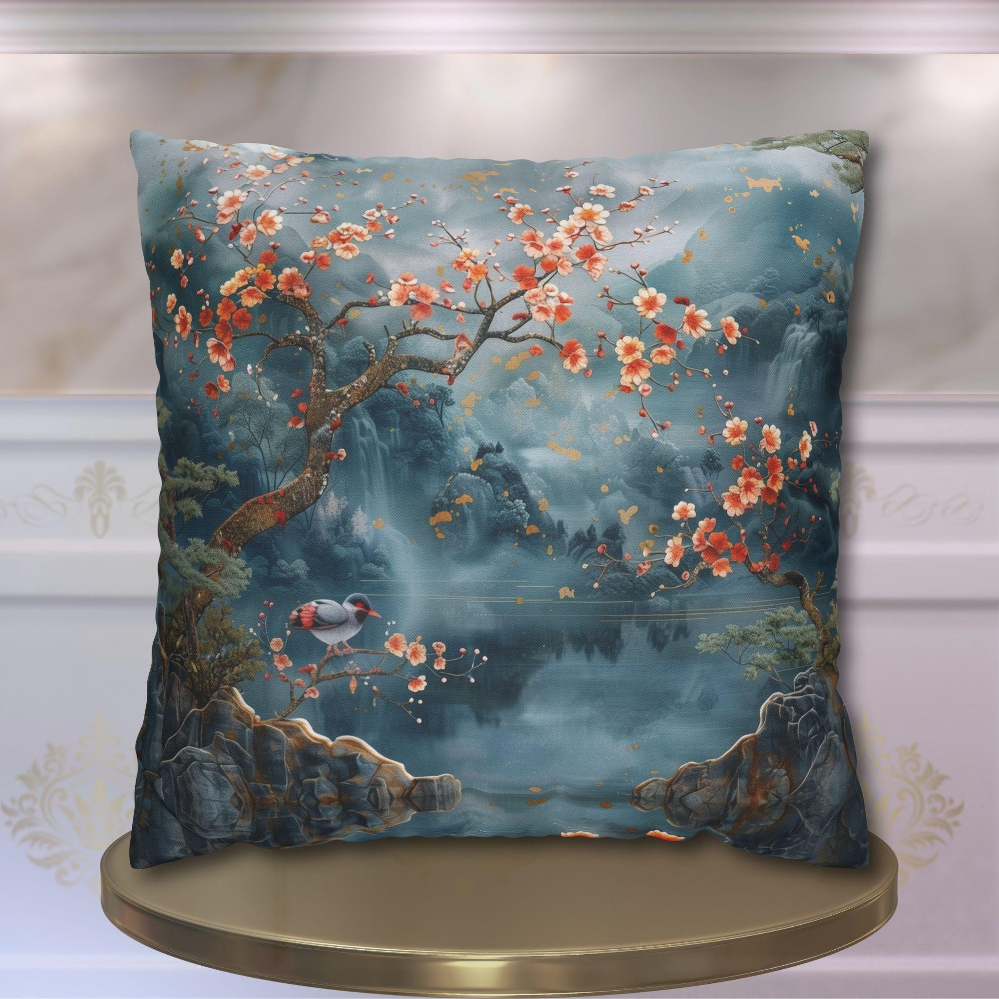 Chinoiserie Watercolor Pillow Cover: Misty Mountain Landscape with Blossoms and Bird Scene