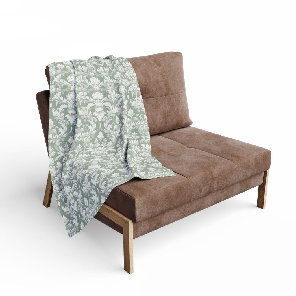 Damask Pattern Pastel Green Fleece Blanket, Vintage Style Throw Blanket for Living Room Bedroom