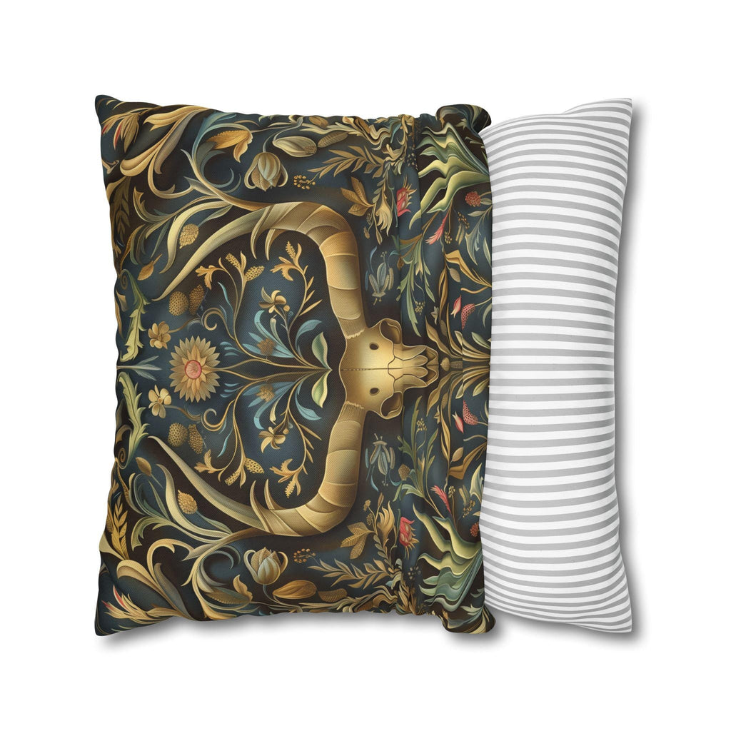 Southwest Floral Skull Pillow: William Morris Inspired Western Decor, Botanical Horned Cushion Cover