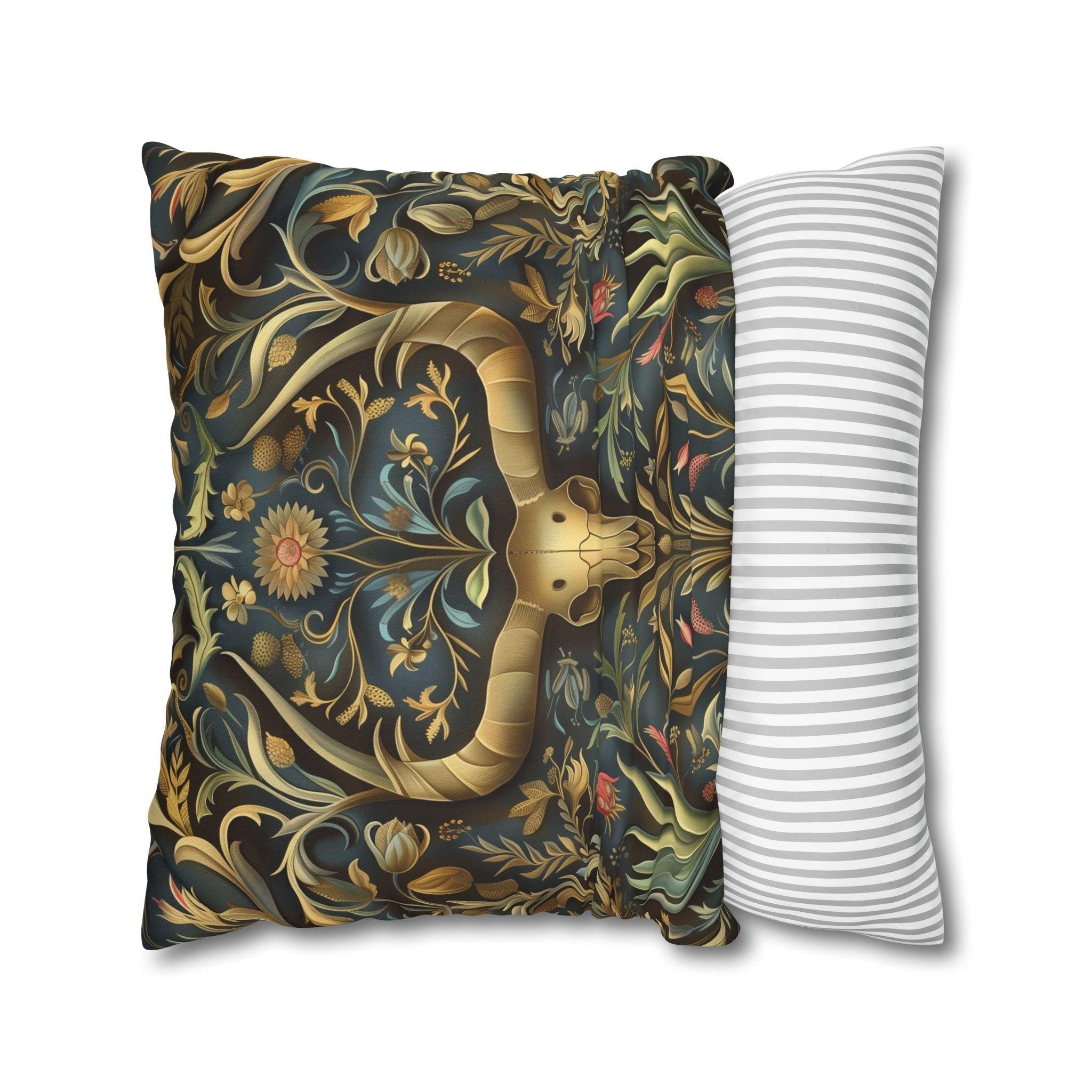 Southwest Floral Skull Pillow: William Morris Inspired Western Decor, Botanical Horned Cushion Cover