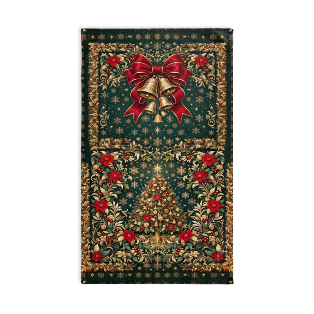 William Morris Christmas Hand Towel: Vintage Style Emerald Green Poinsettia, Golden Snowflake