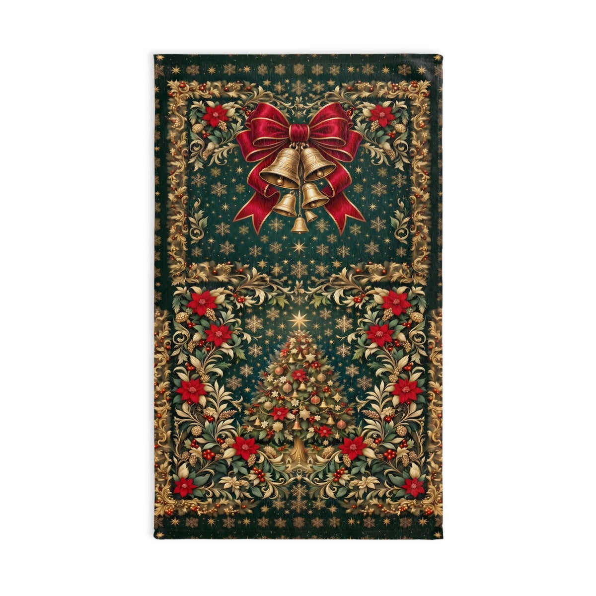 William Morris Christmas Hand Towel: Vintage Style Emerald Green Poinsettia, Golden Snowflake