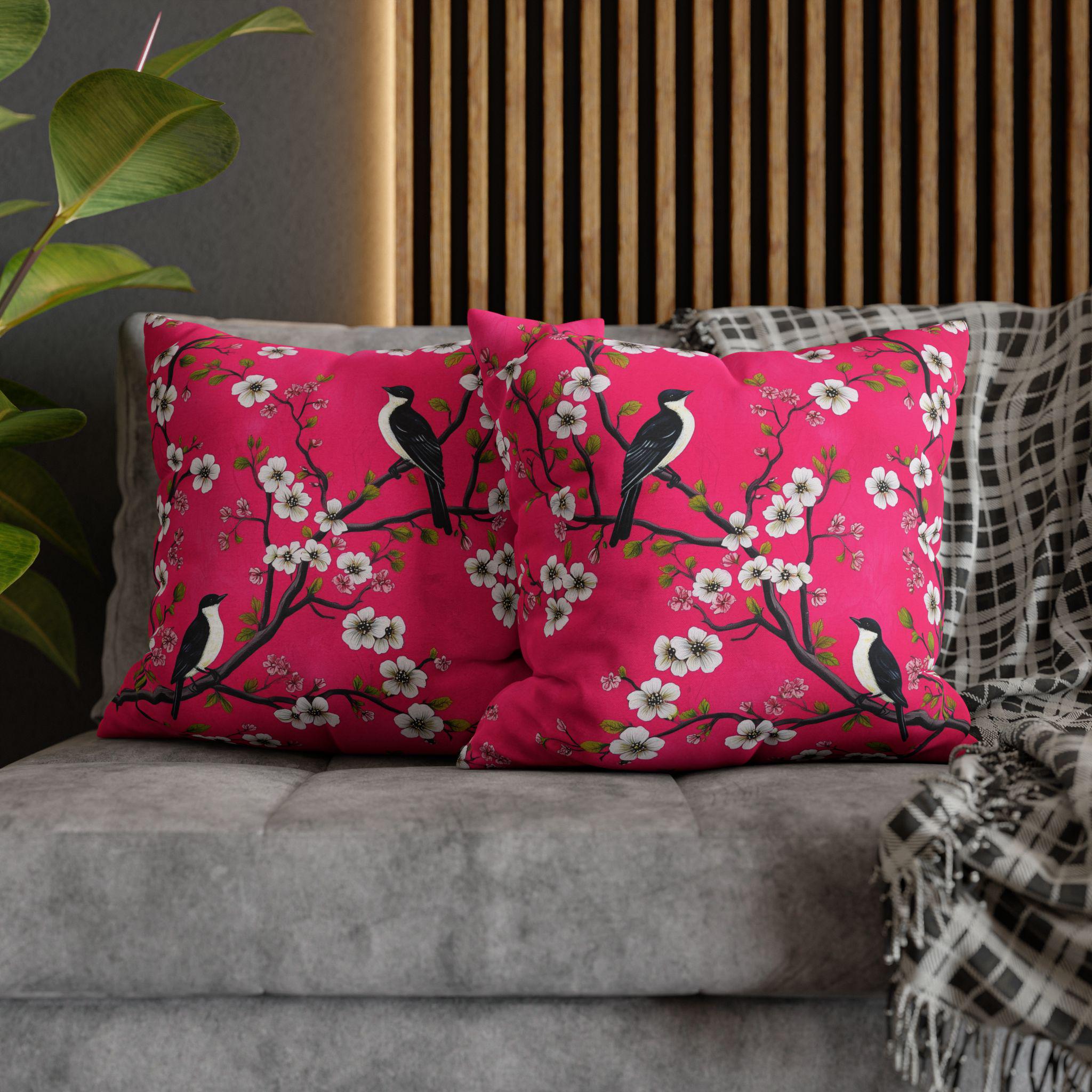 Chinoiserie Magenta Bird Pillow Cover: Vibrant Botanical Accent for Eclectic Decor