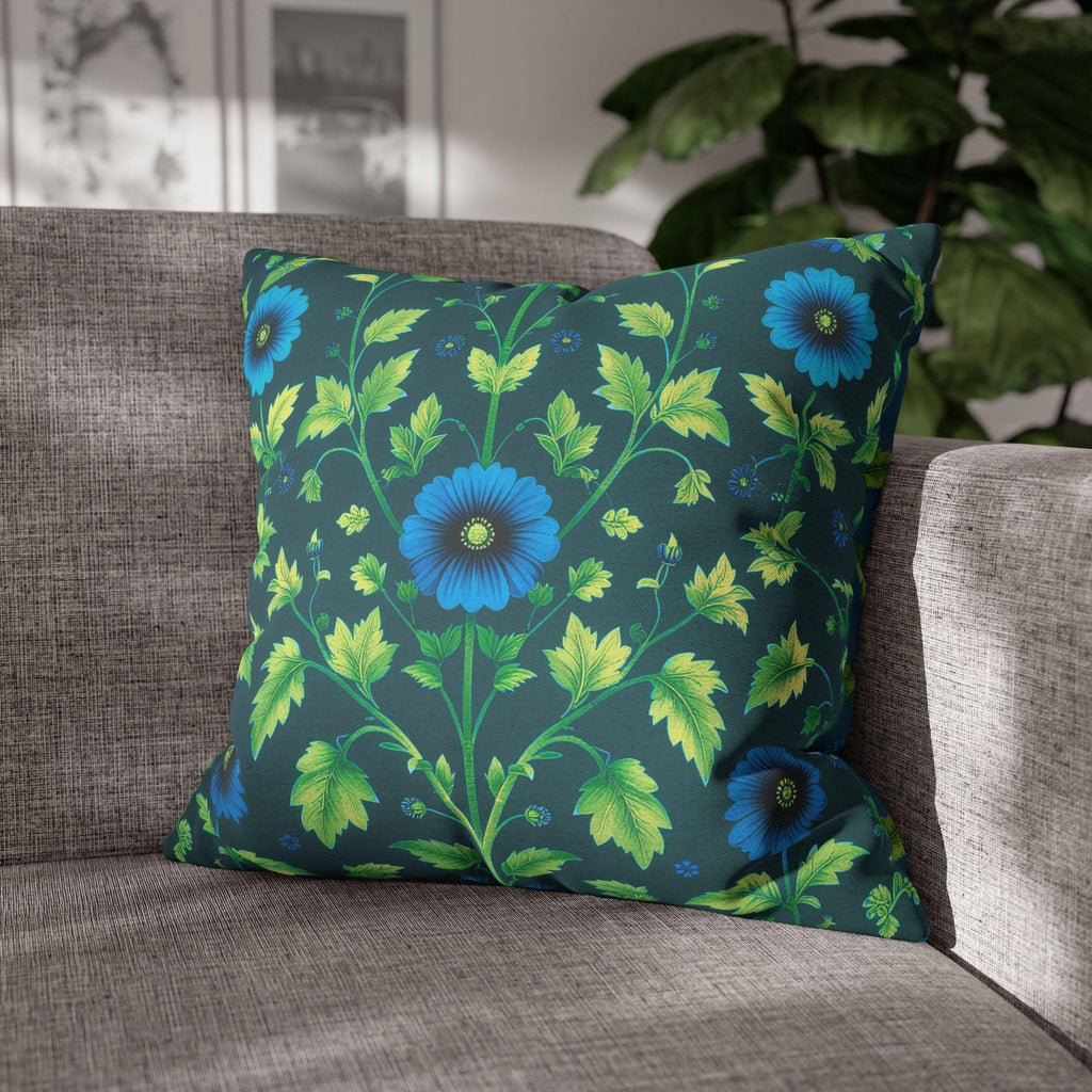 Reversible William Morris Pillow Cover: Teal & Aqua Floral Botanical Design