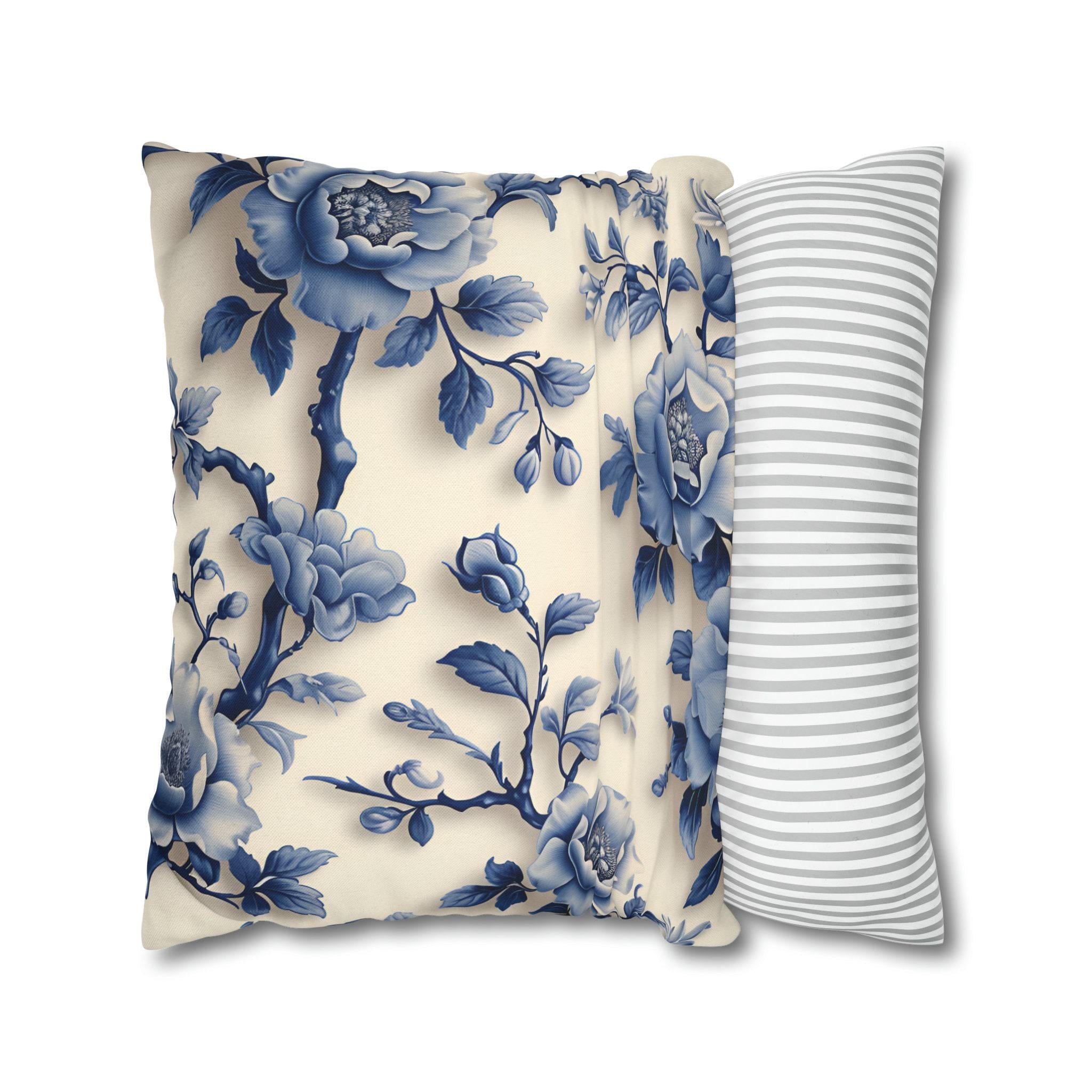 Elegant Chinoiserie Blue Floral Pillow Cover: Porcelain-Inspired Off-White