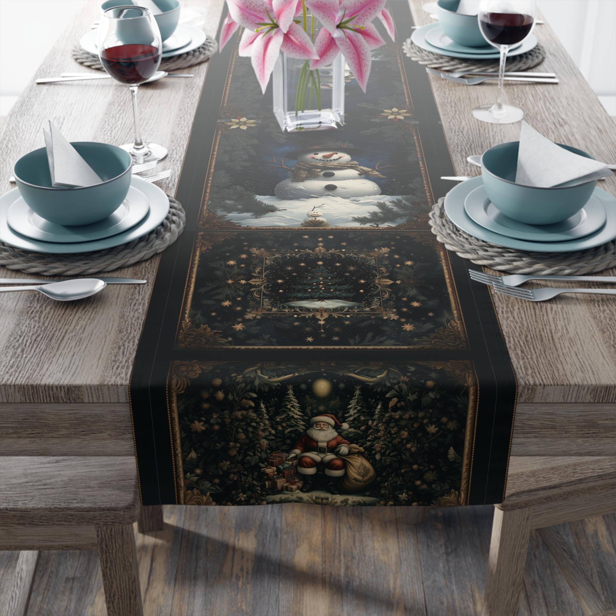 Vintage Style Snowman Table Runner: William Morris Inspired Christmas Decor in Navy, Gold & Cranberry