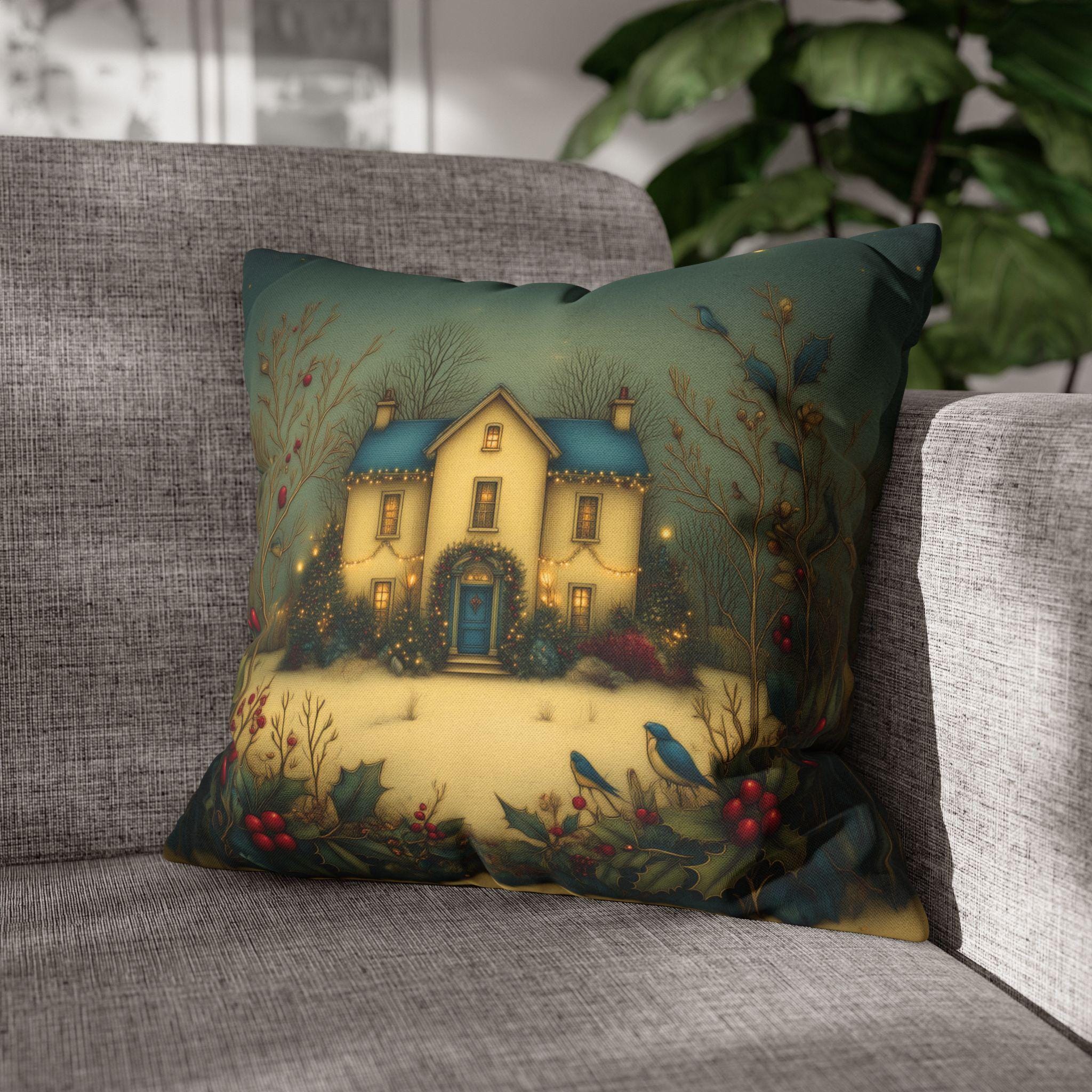 Country Farmhouse Christmas Pillow Cover: Colorful Home for the Holidays Nostalgic Design in Blue