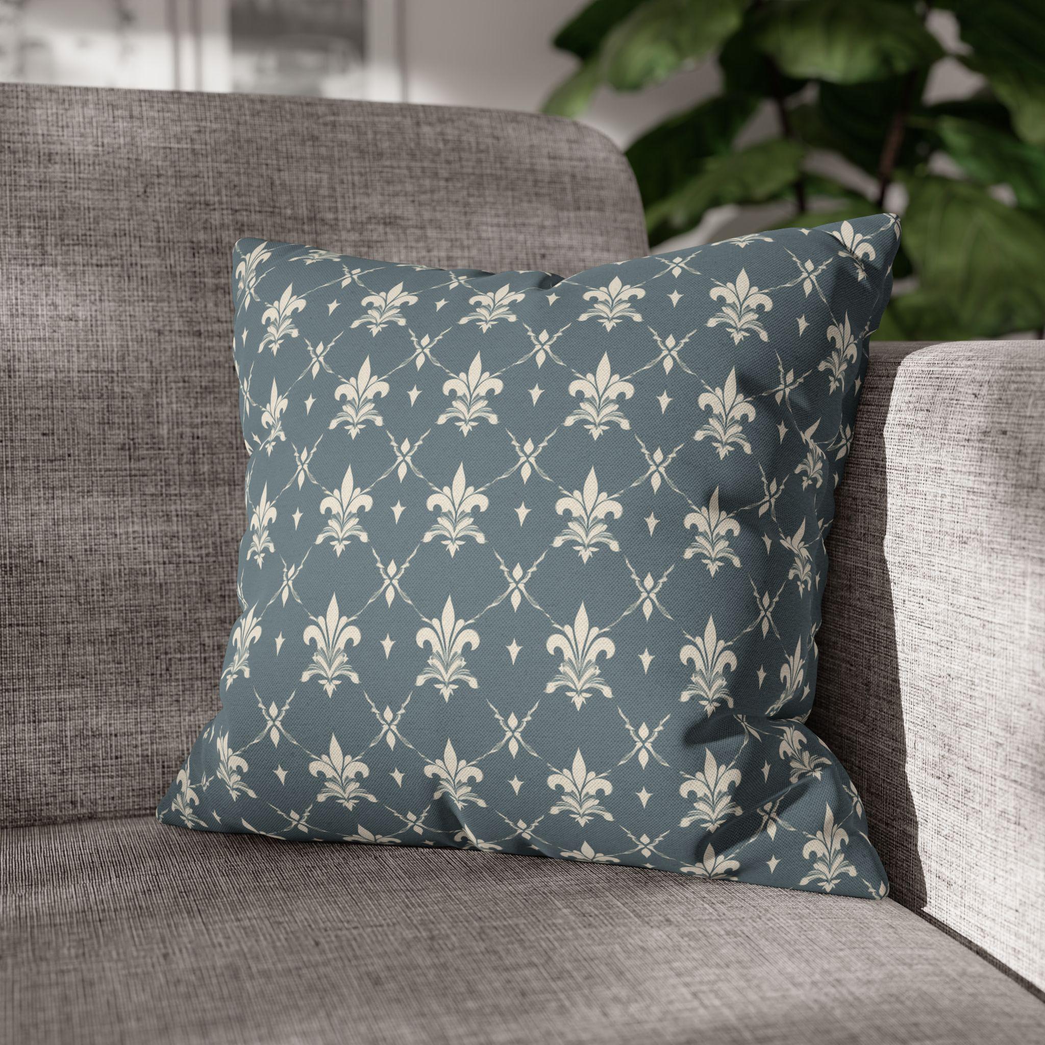 Elegant Fleur de Lis Pillow Cover: French Chateau Diamond Lattice Pattern in Soft Blue-Gray