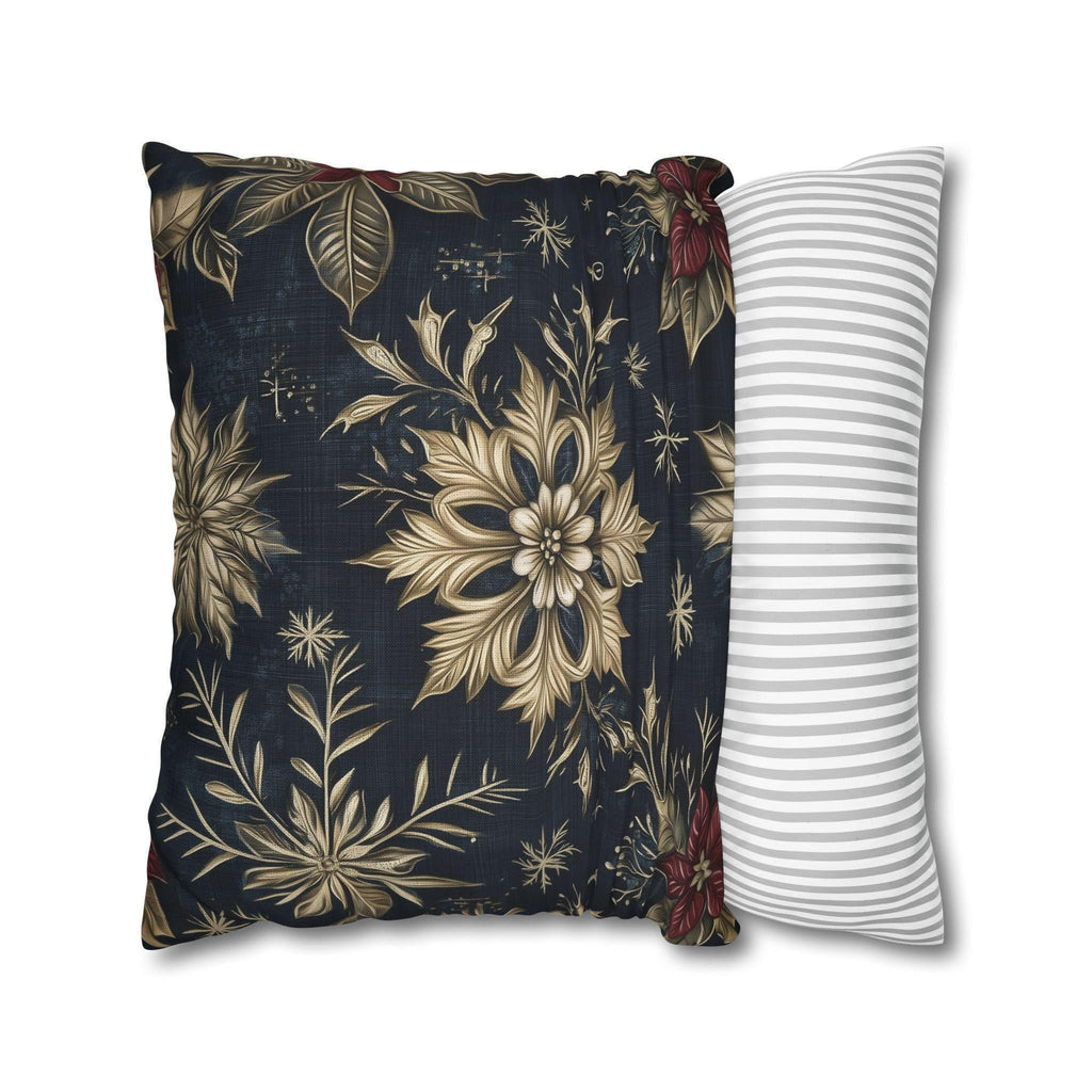 Sophisticated Holiday Pillow Cover | Golden Poinsettia and Snowflake Design | Denim Blue Background