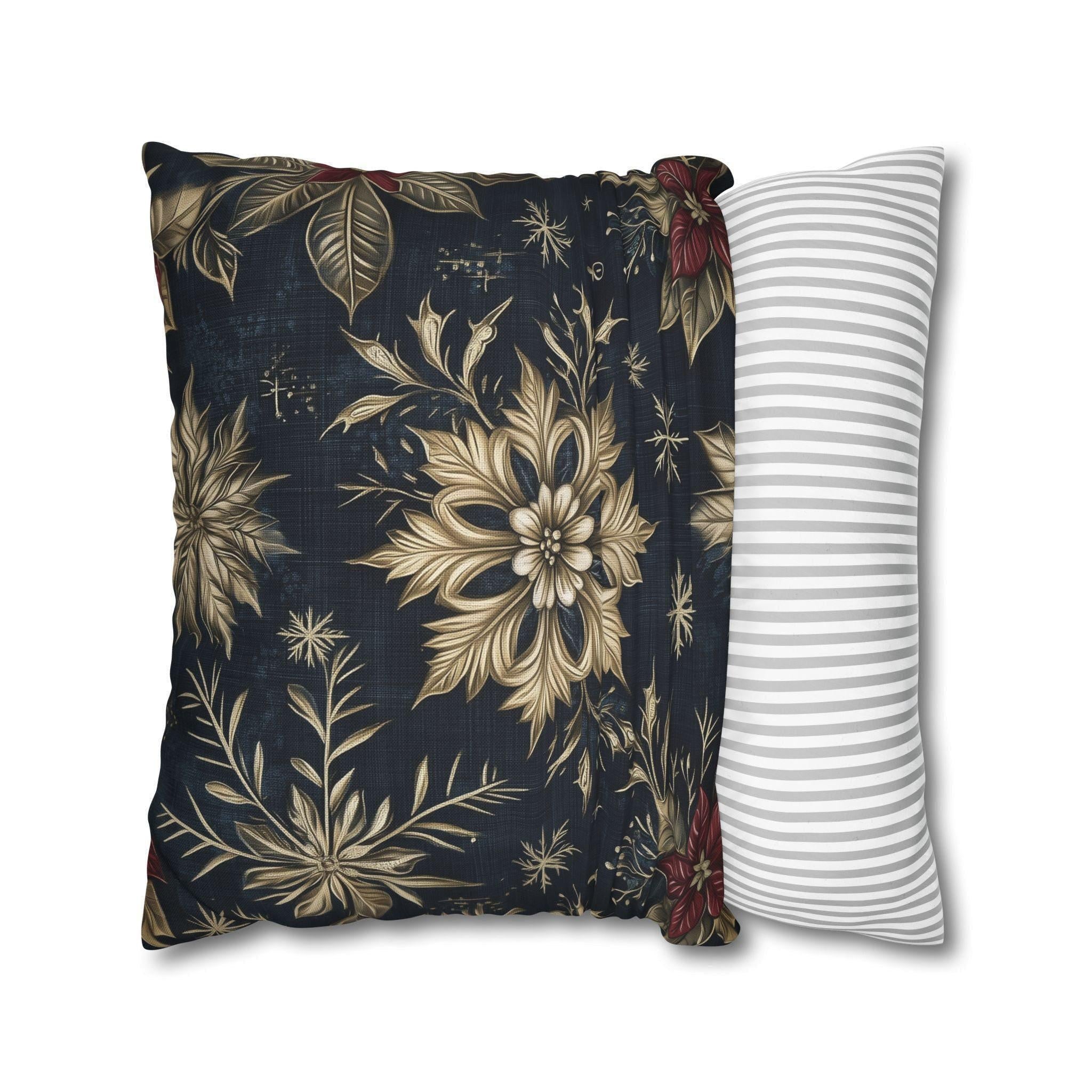 Sophisticated Holiday Pillow Cover | Golden Poinsettia and Snowflake Design | Denim Blue Background