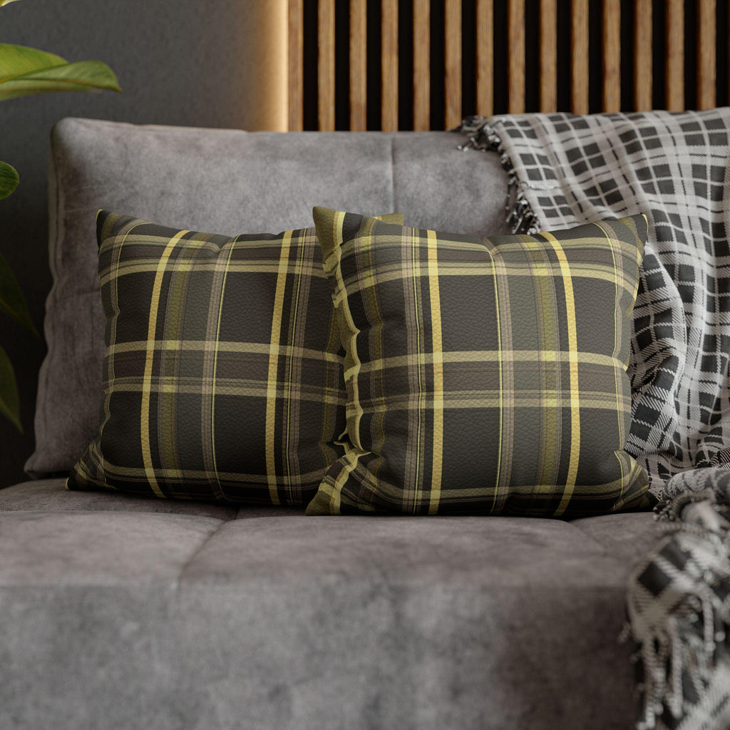 Vegan Faux Suede Material Printed Pillow Cover: Modern Olive & Golden Yellow Plaid Soft Leather-Look