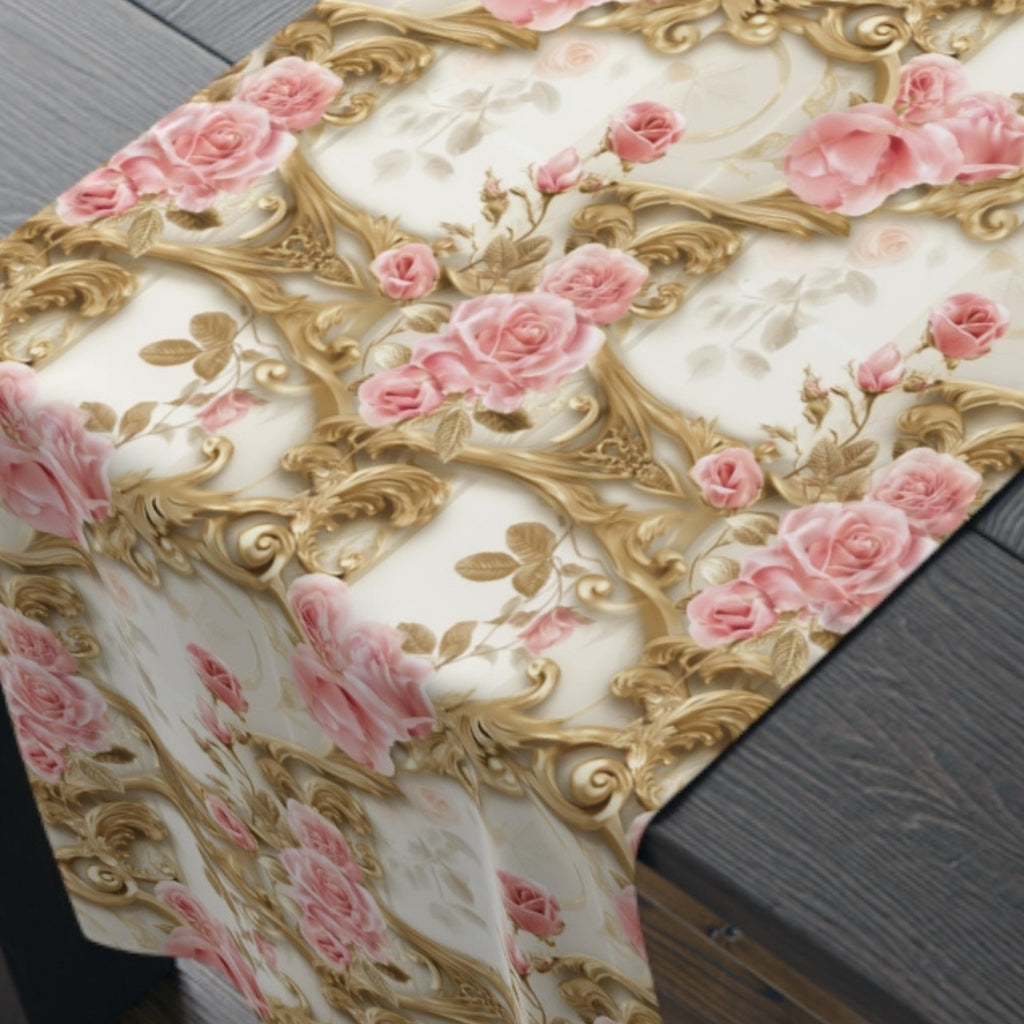 Wedding Table Runner with Pink Roses and Gold Scrollwork: Romantic Floral Decor