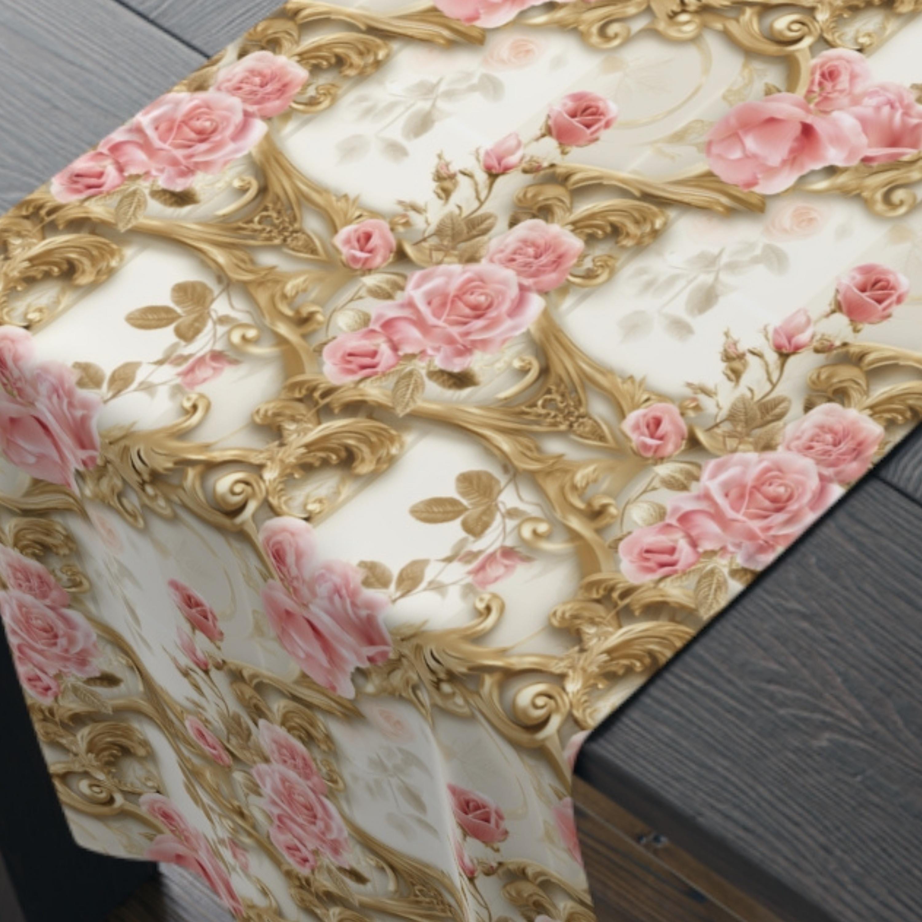 Wedding Table Runner with Pink Roses and Gold Scrollwork: Romantic Floral Decor