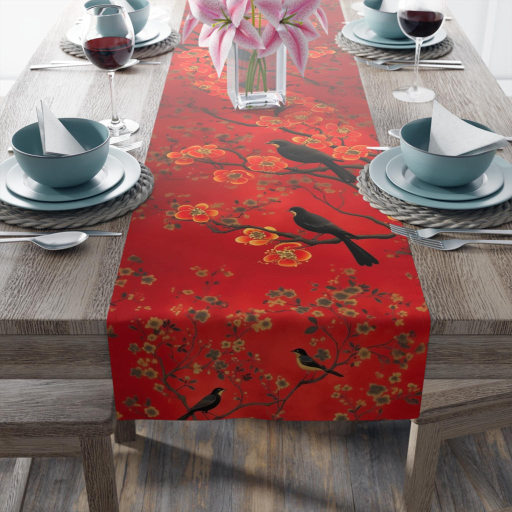 Elegant Red Chinoiserie Table Runner: Floral Branch with Black Birds for Asian-Inspired Dining Decor
