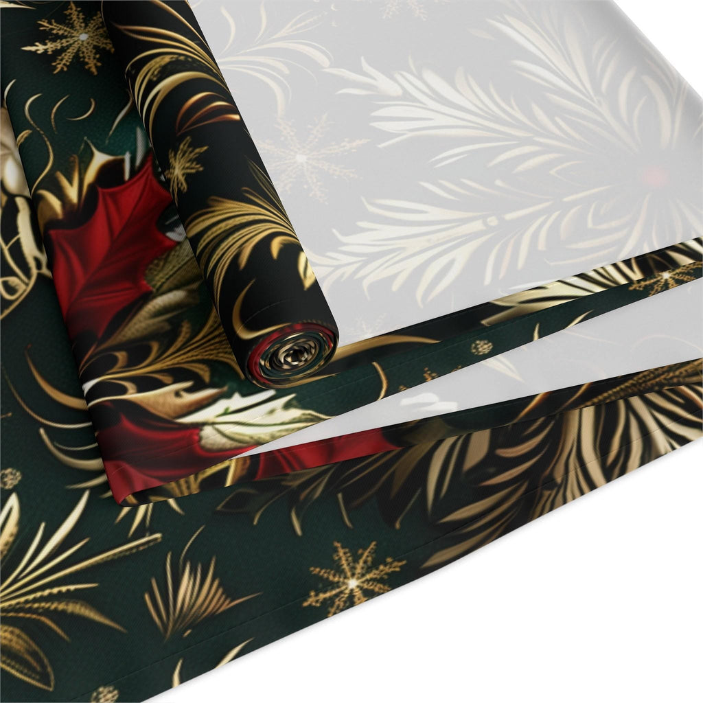 Emerald Green Holiday Table Runner: Gold Snowflakes, Red Poinsettias