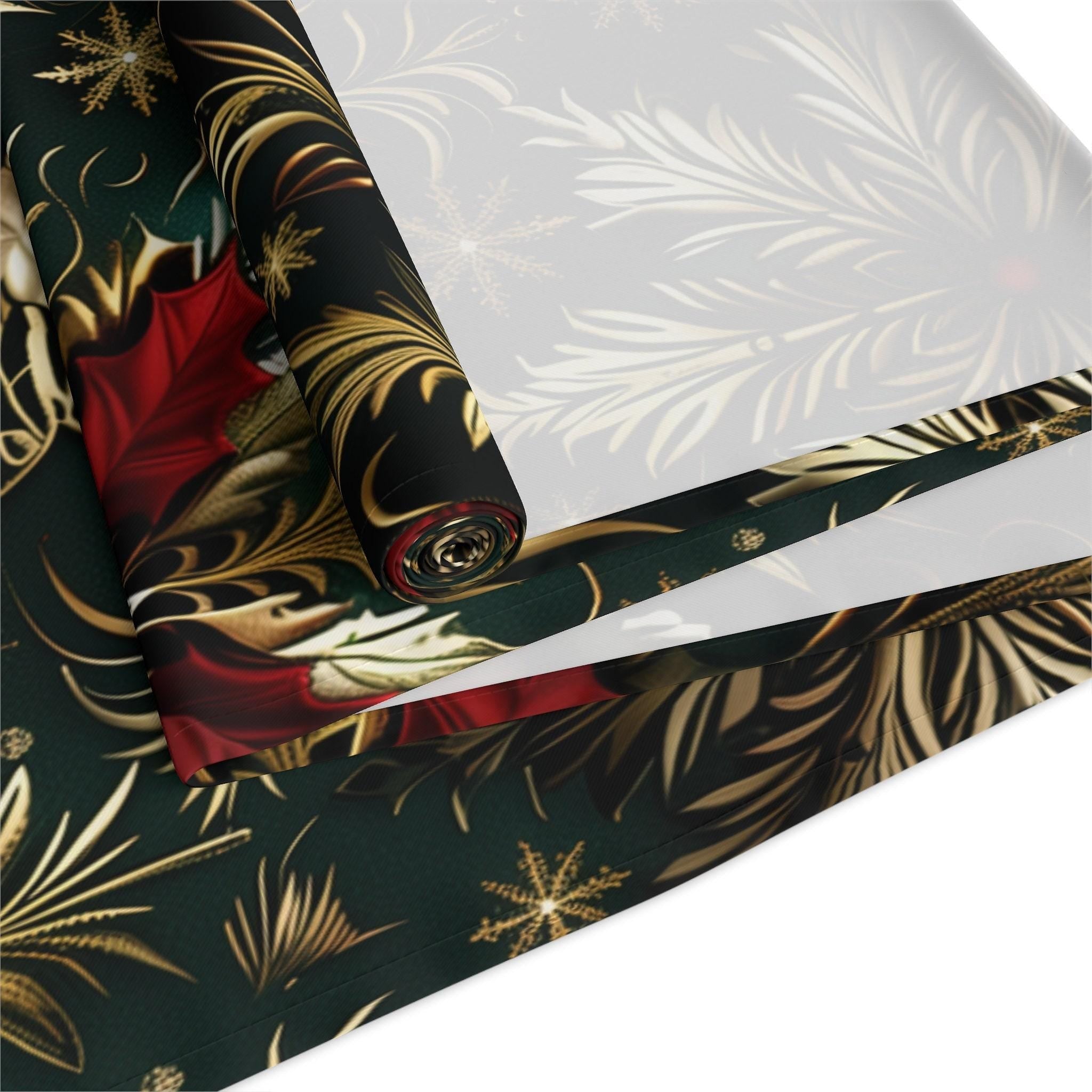 Emerald Green Holiday Table Runner: Gold Snowflakes, Red Poinsettias