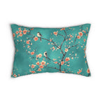 Elegant Chinoiserie Teal Bird Lumbar Pillow with Coral Blossoms for Nature-Inspired Home Decor