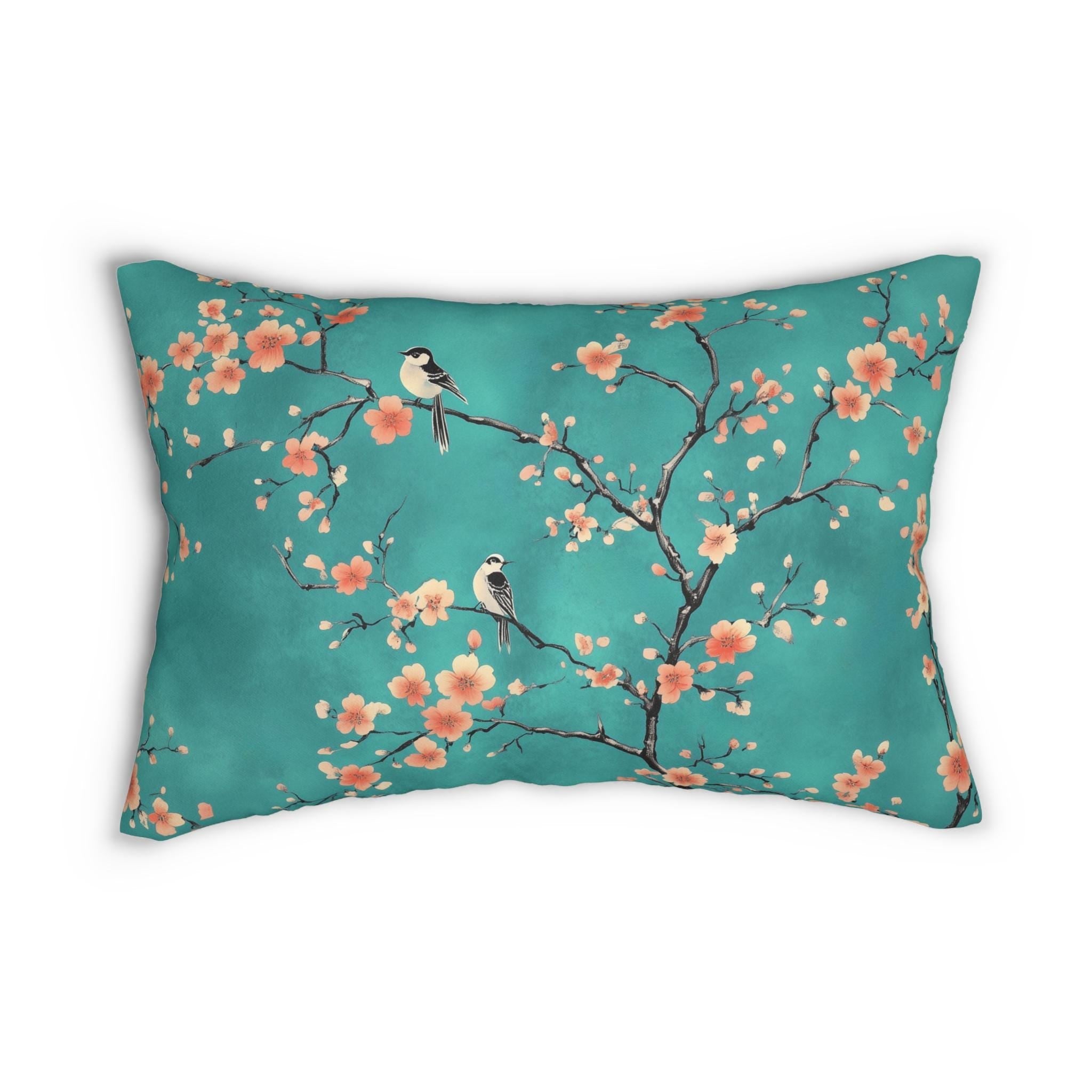 Elegant Chinoiserie Teal Bird Pillow Cover with Coral Blossoms for Nature-Inspired Home Decor