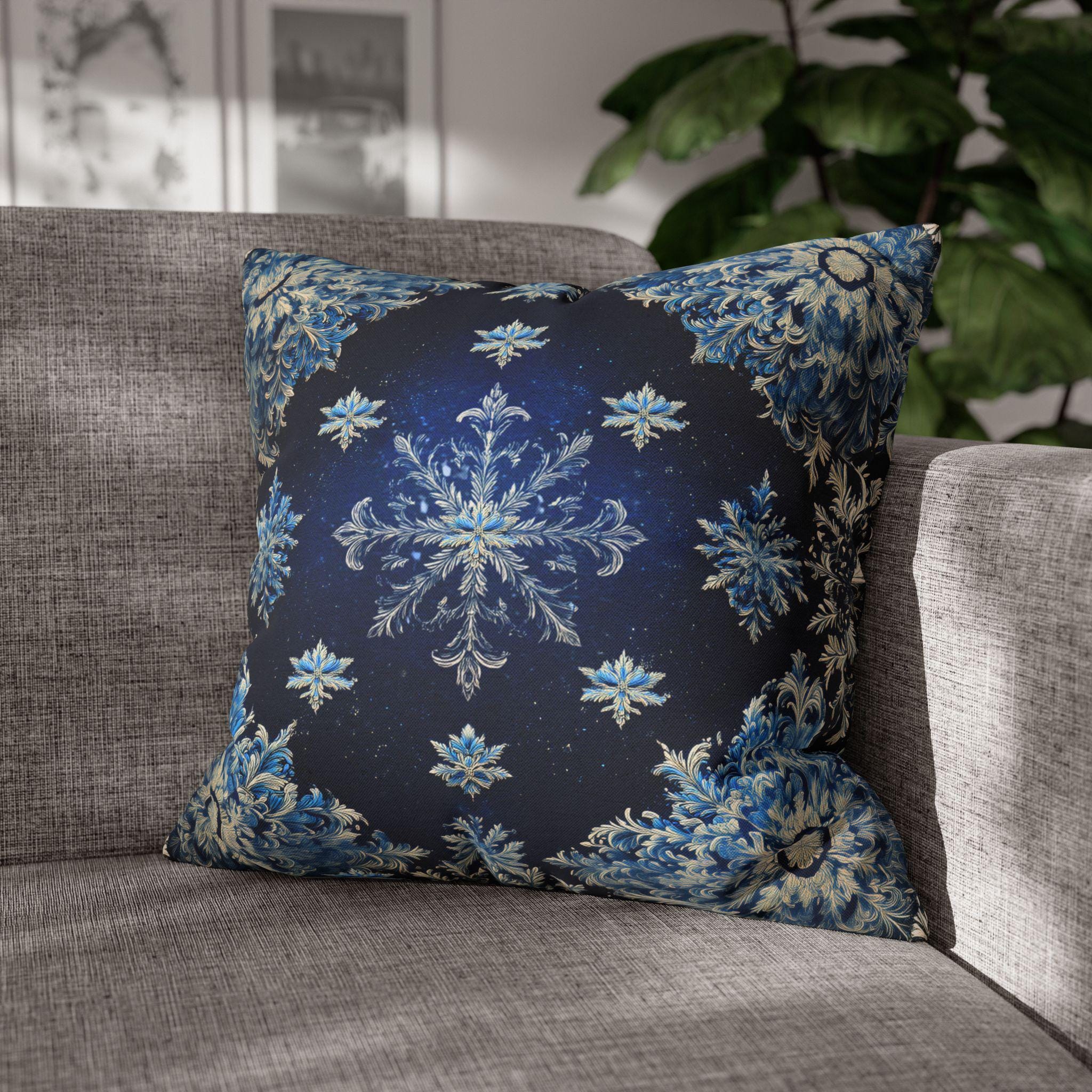 Sapphire Blue Snowflake Damask Christmas Throw Pillow Cover: Gold & White Winter Accent