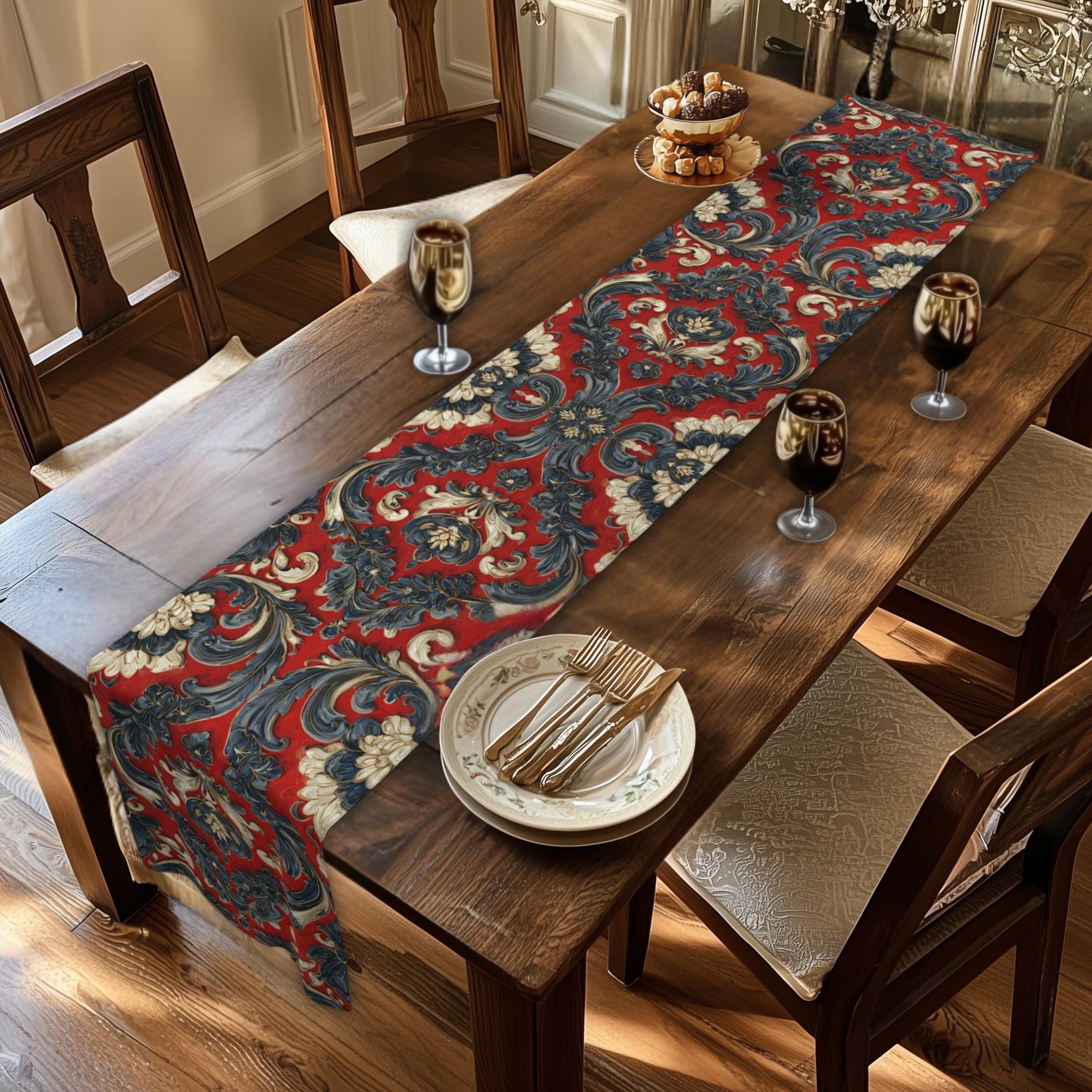 Quietly Patriotic Table Runner: Elegant Americana Scroll Design