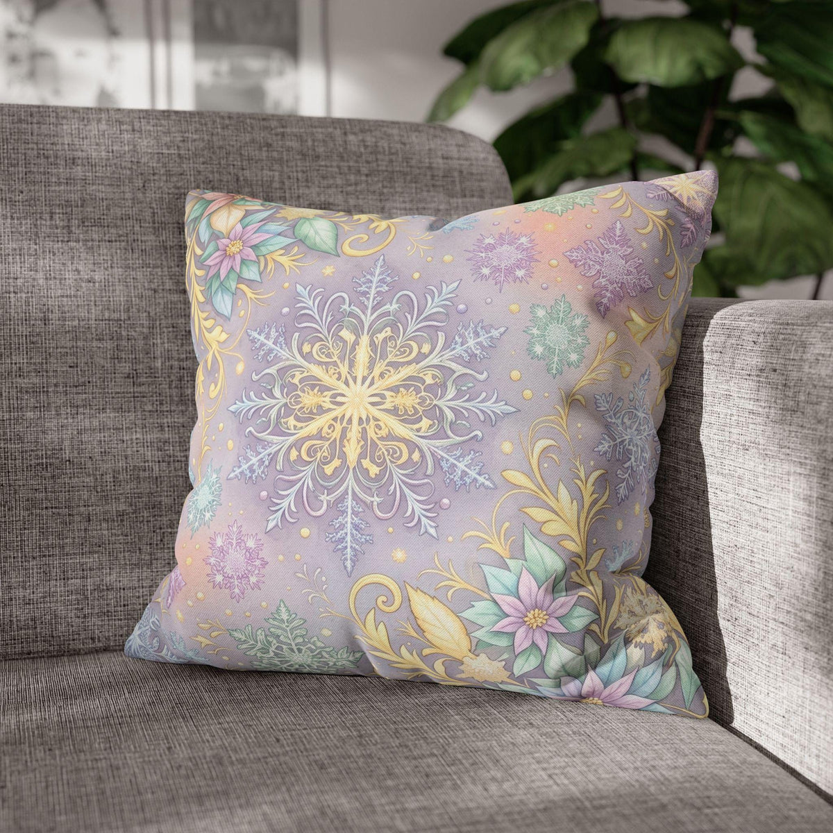 Pastel Snowflake Pillow Cover: Coquette Christmas Decor, Dreamy Lilac Mint Winter
