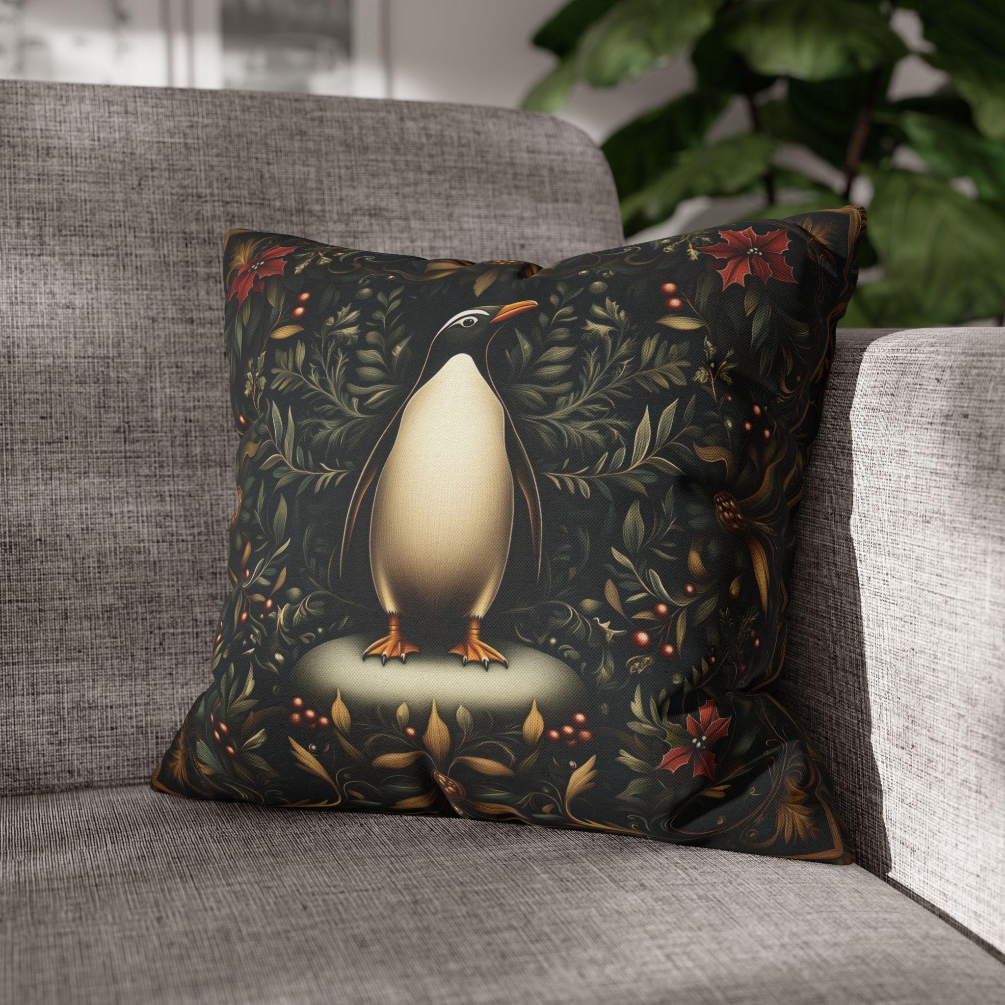 Christmas Penguin Pillow Cover: William Morris Inspired Holiday Cushion Case