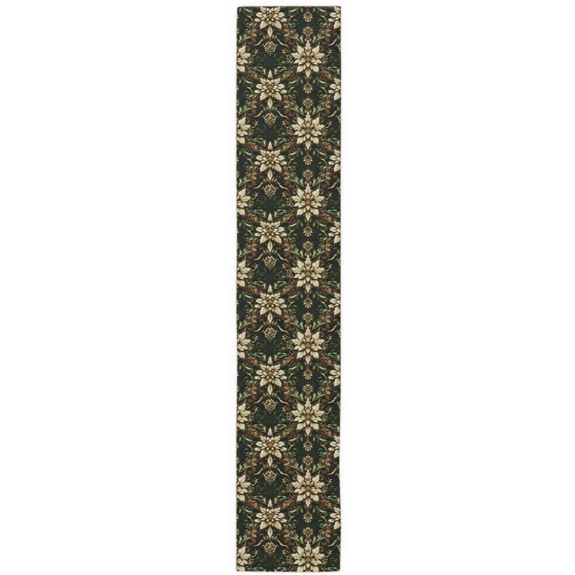 Holiday Poinsettia Table Runner,  Christmas Dining Decor in Red, Green, Gold & Creamy Beige