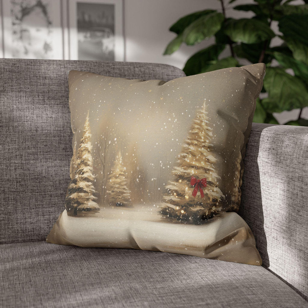 Snowy Golden Christmas Pillow Cover: Flocked Pine Tree Illustration on Square Cushion Case