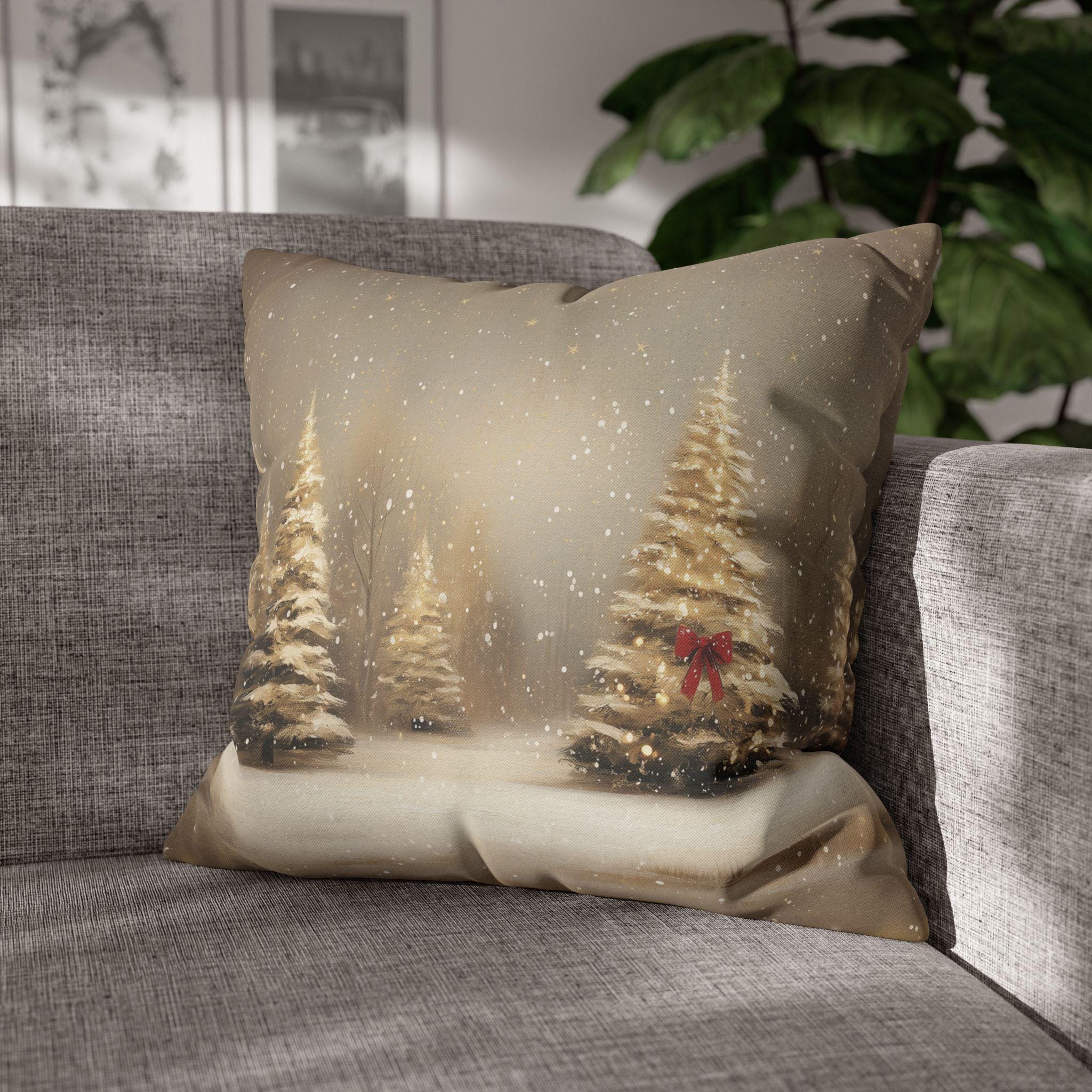 Snowy Golden Christmas Pillow Cover: Flocked Pine Tree Illustration on Square Cushion Case
