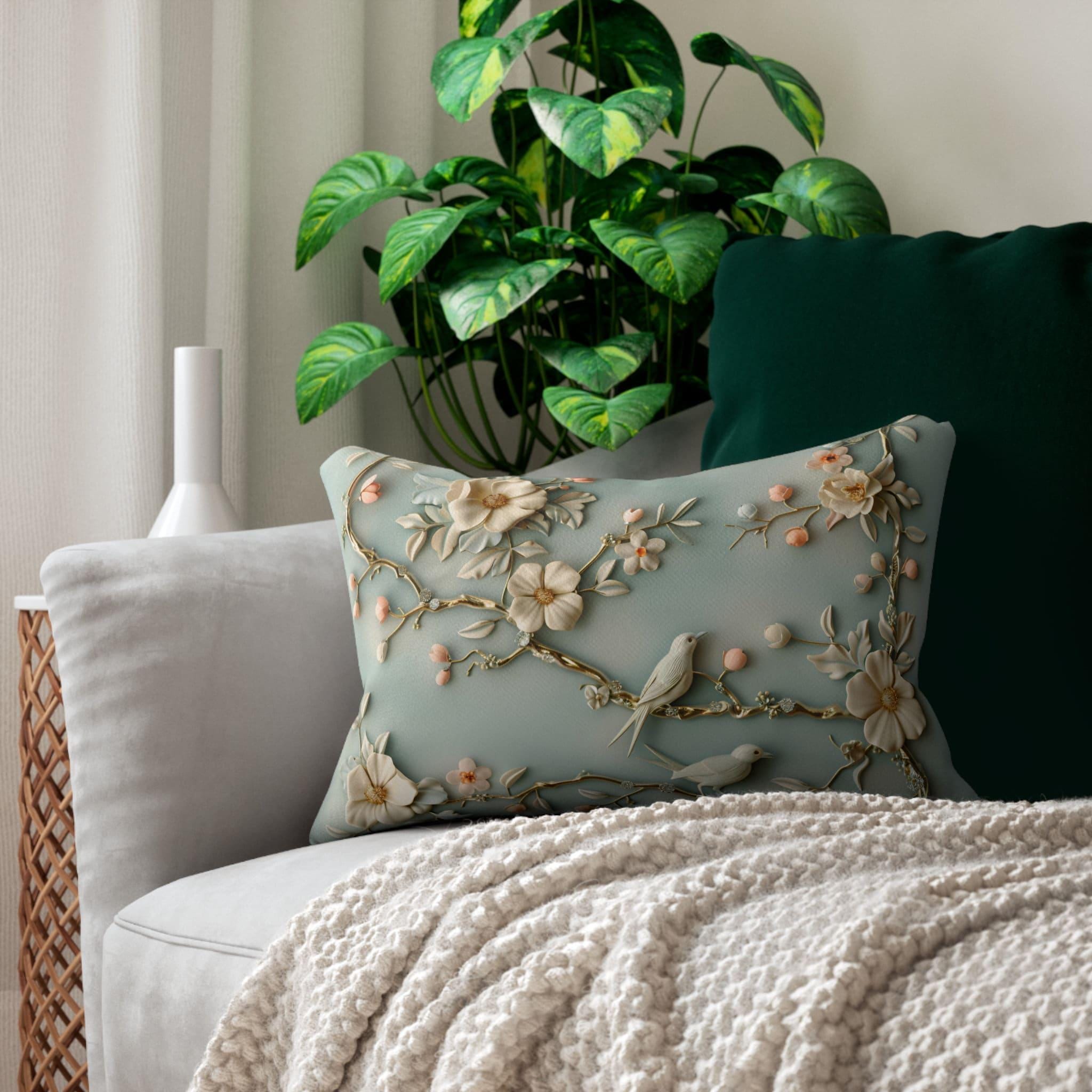 Serene Chinoiserie Lumbar Pillow: Pastel Blue-Green Birds & Blooms 3D Nature-Inspired Accent Cushion