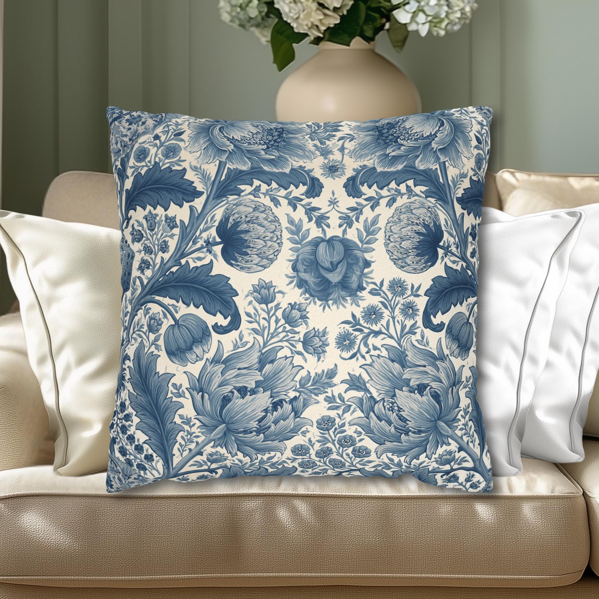 Botanical Toile Pillow Cover: Blue and Cream Vintage Style French Country Decor