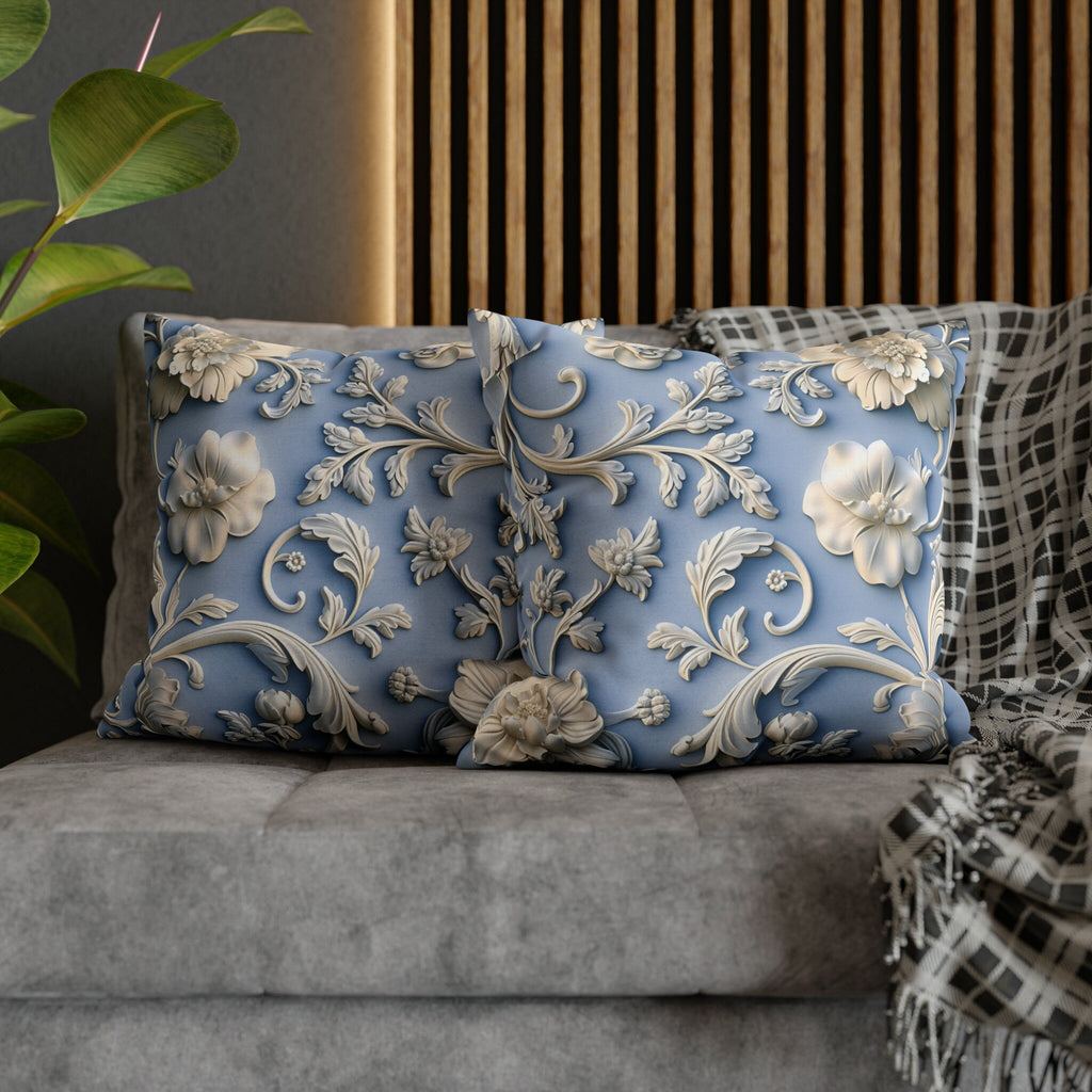 Elegant Chinoiserie Floral Pillow Cover: Soft White & Grey on Powder Blue, Timeless Asian-Inspired Decor