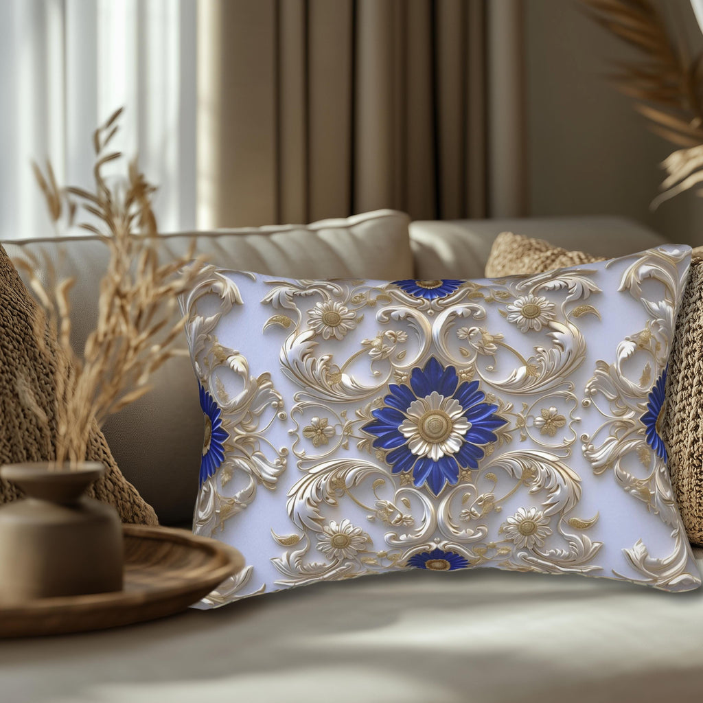 Elegant Baroque Cobalt Blue Lumbar Pillow with Silver-Gray and Gold Accents - Classic Grandeur Design