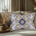 Elegant Baroque Cobalt Blue Lumbar Pillow with Silver-Gray and Gold Accents - Classic Grandeur Design