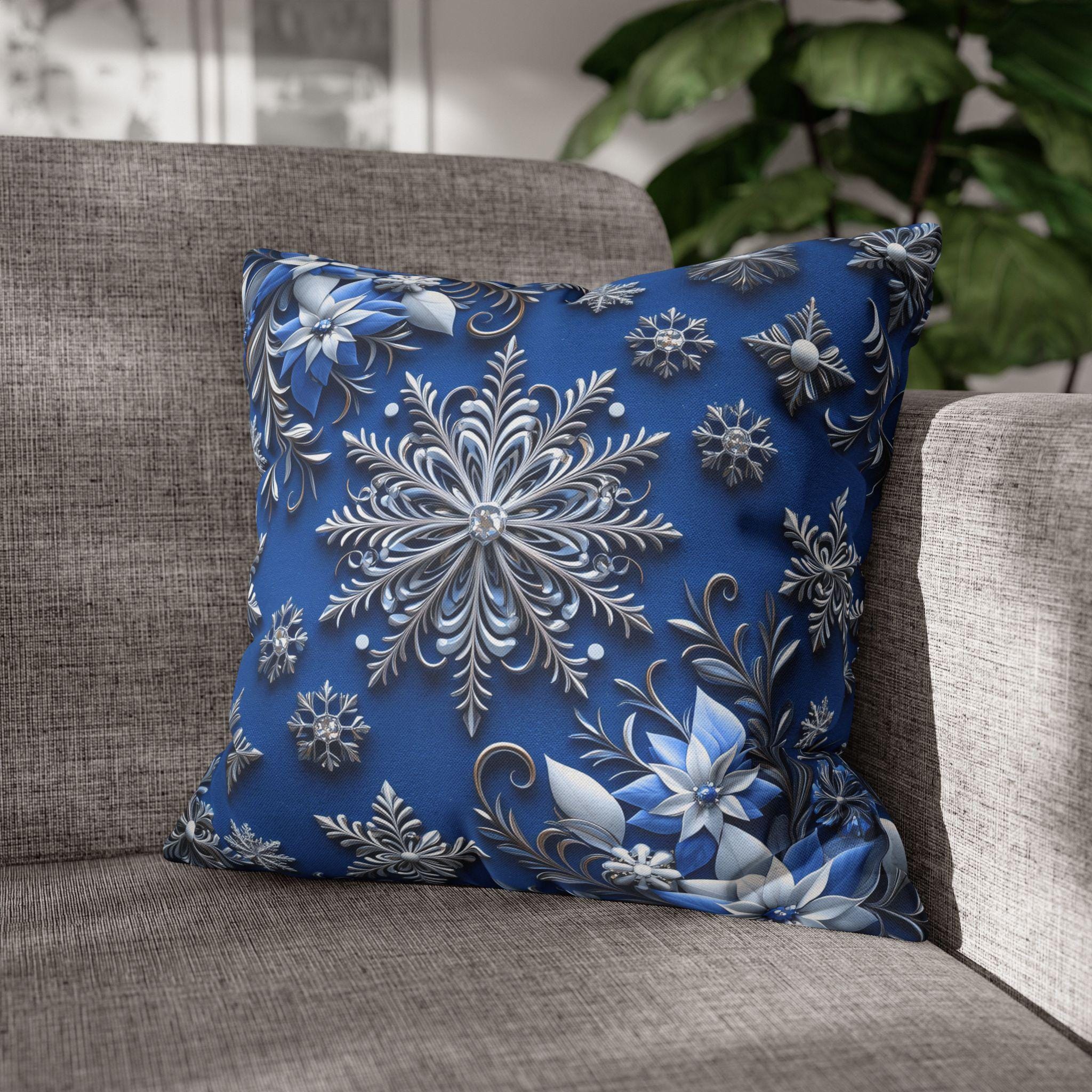 Winter Snowflake Square Pillowcase, Blue Decorative Pillow Cover, Christmas Holiday Home Decor