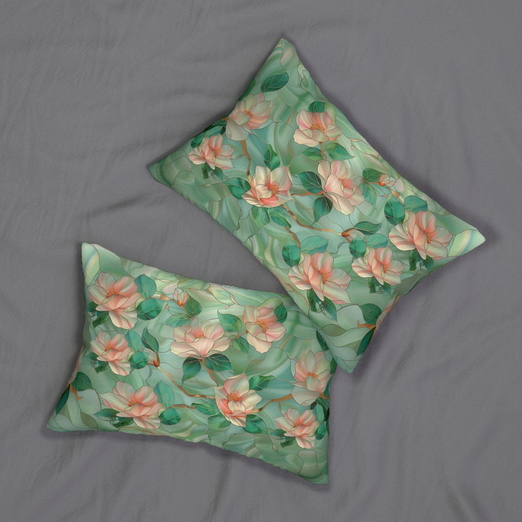 Chinoiserie Lumbar Pillow Stained Glass Style Pink Magnolia Flowers Luminous Green Background