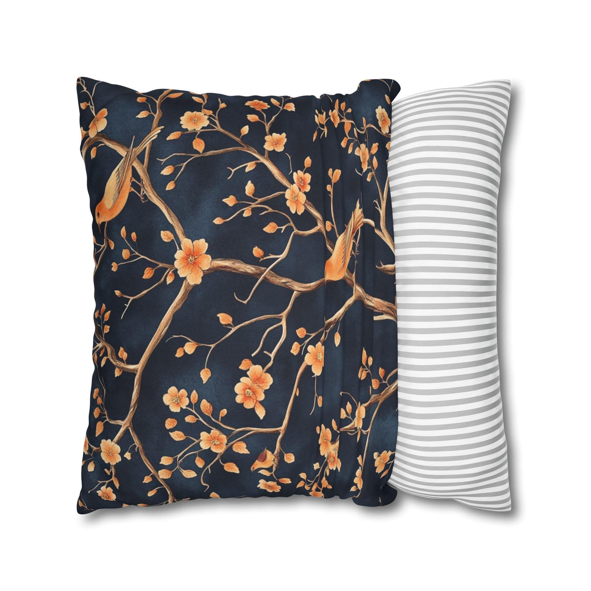 Chinoiserie Bird Throw Pillow Cover: Peach & Chestnut Floral, Navy Blue