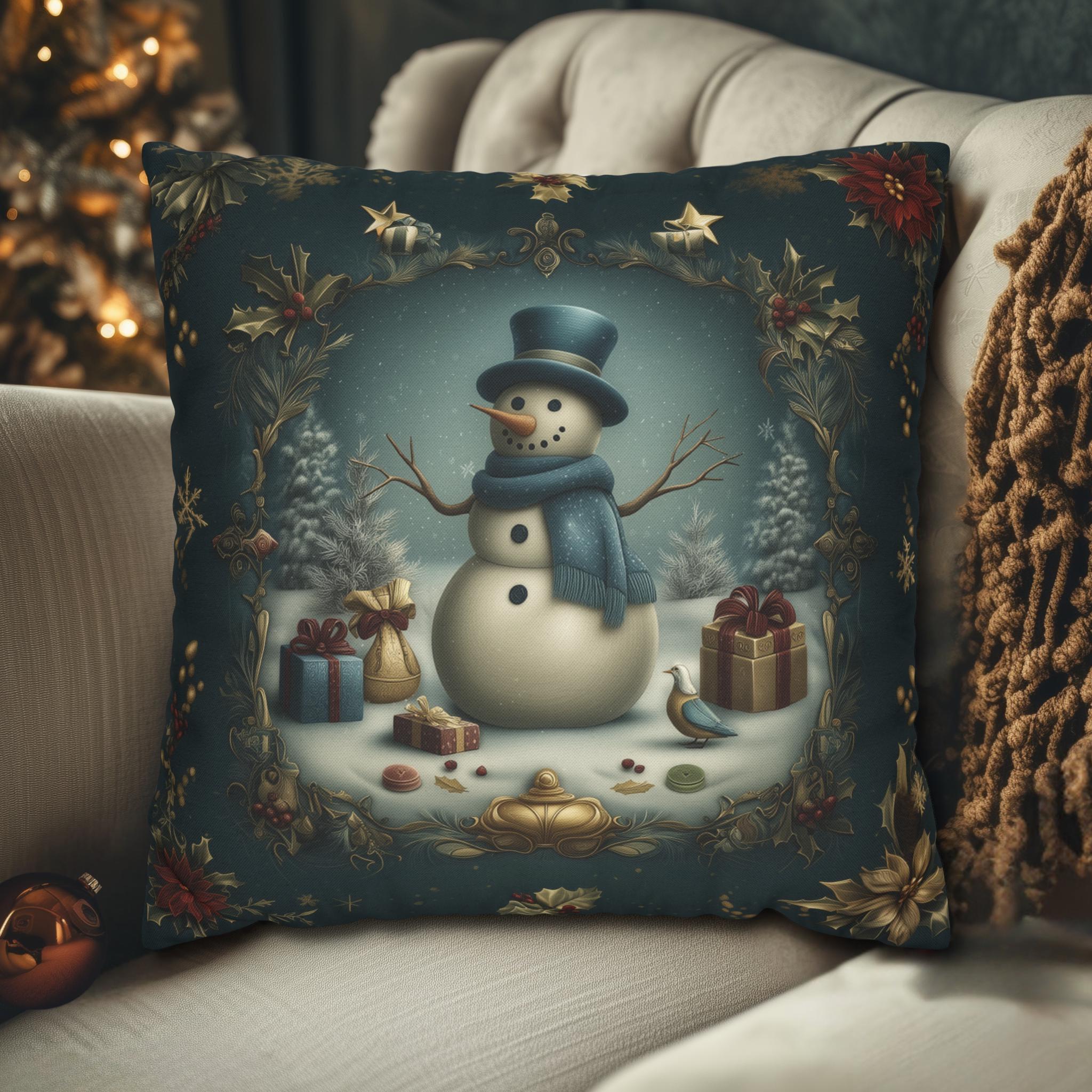 Vintage Style Pillow Cover: Blue-Green Christmas Snowman Luxury Holiday Decor