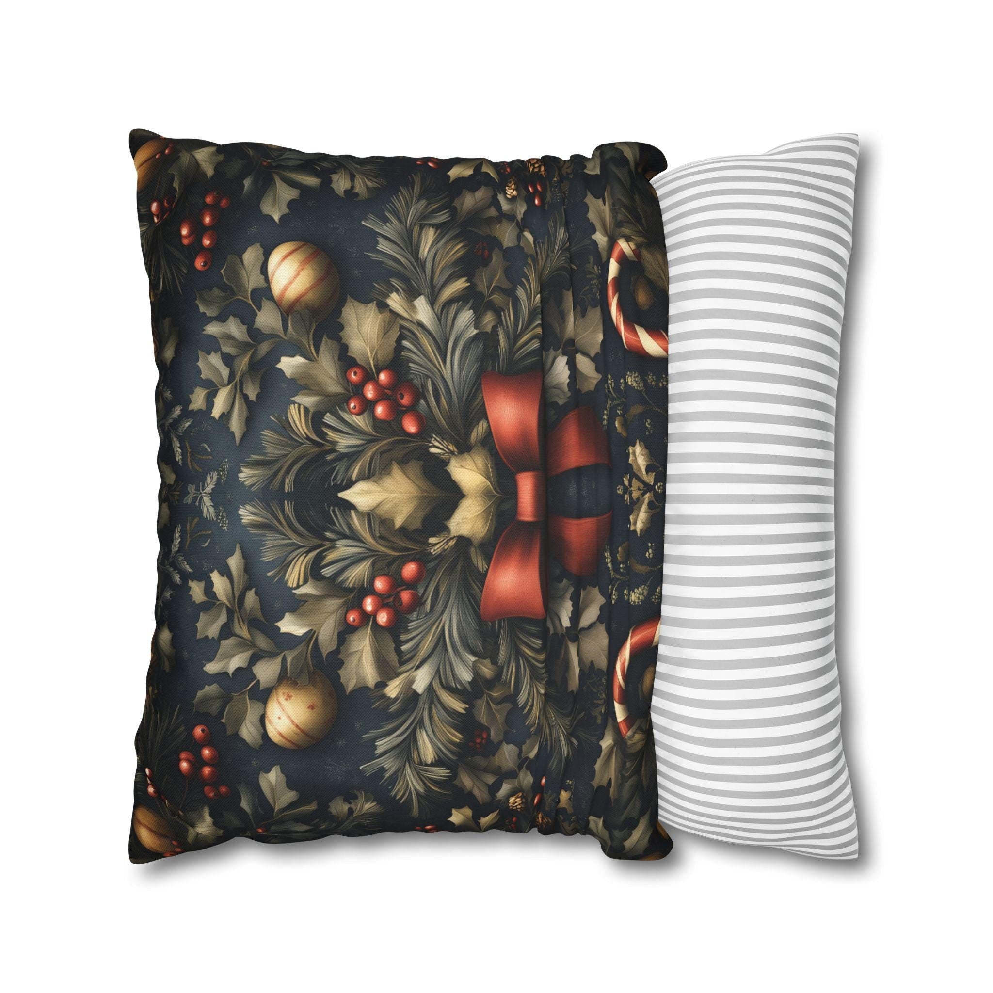 Midnight Holiday Pillow Cover: Morris-Style Christmas Theme in Navy, Gold & Red