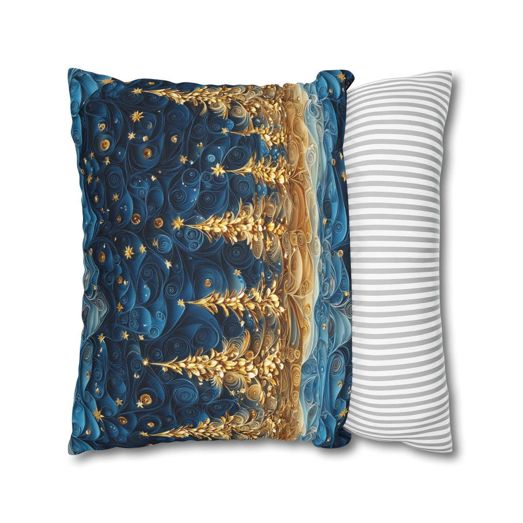 A Stary Night Christmas Pillow Cover, Paper Quilling-Inspired Design, Golden Trees Under a Winters night sky