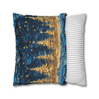 A Stary Night Christmas Pillow Cover, Paper Quilling-Inspired Design, Golden Trees Under a Winters night sky