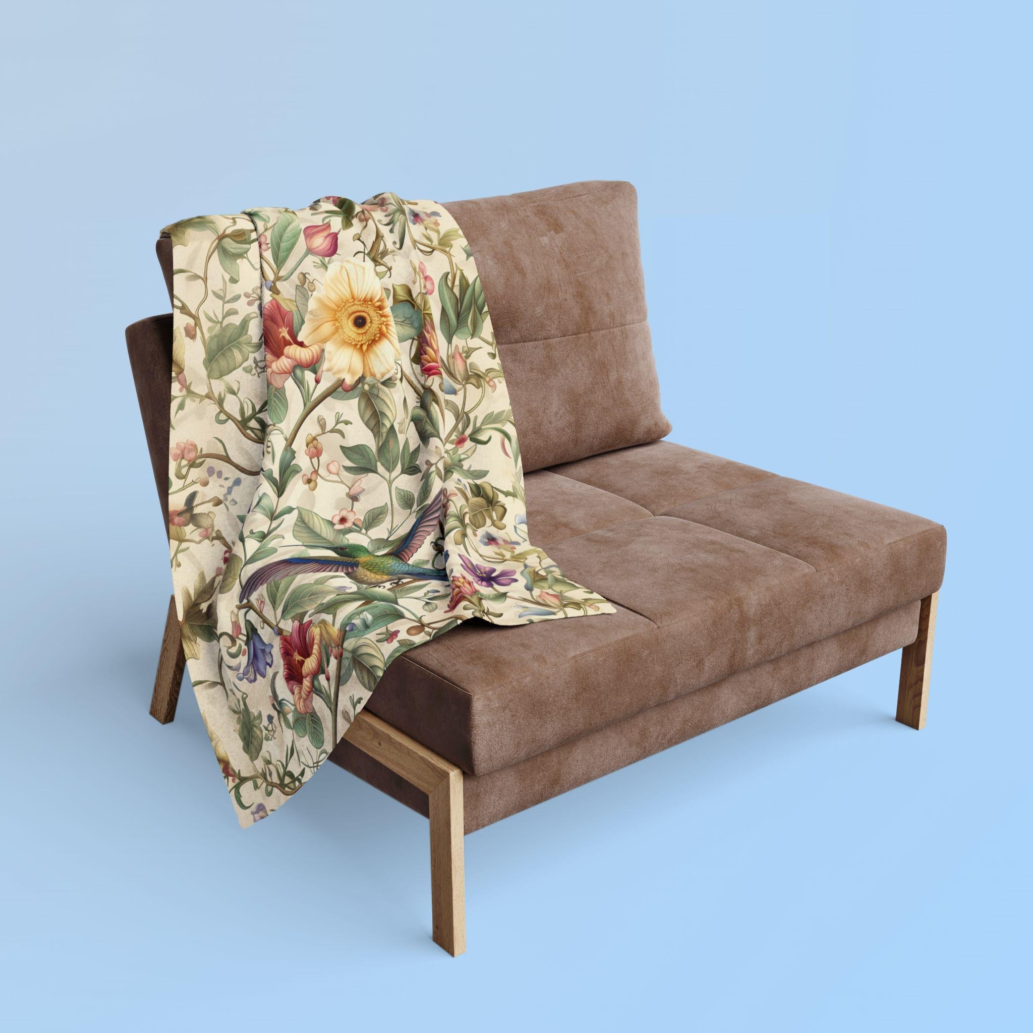 William Morris Inspired Hummingbird Fleece Throw Blanket with Elegant Floral Design