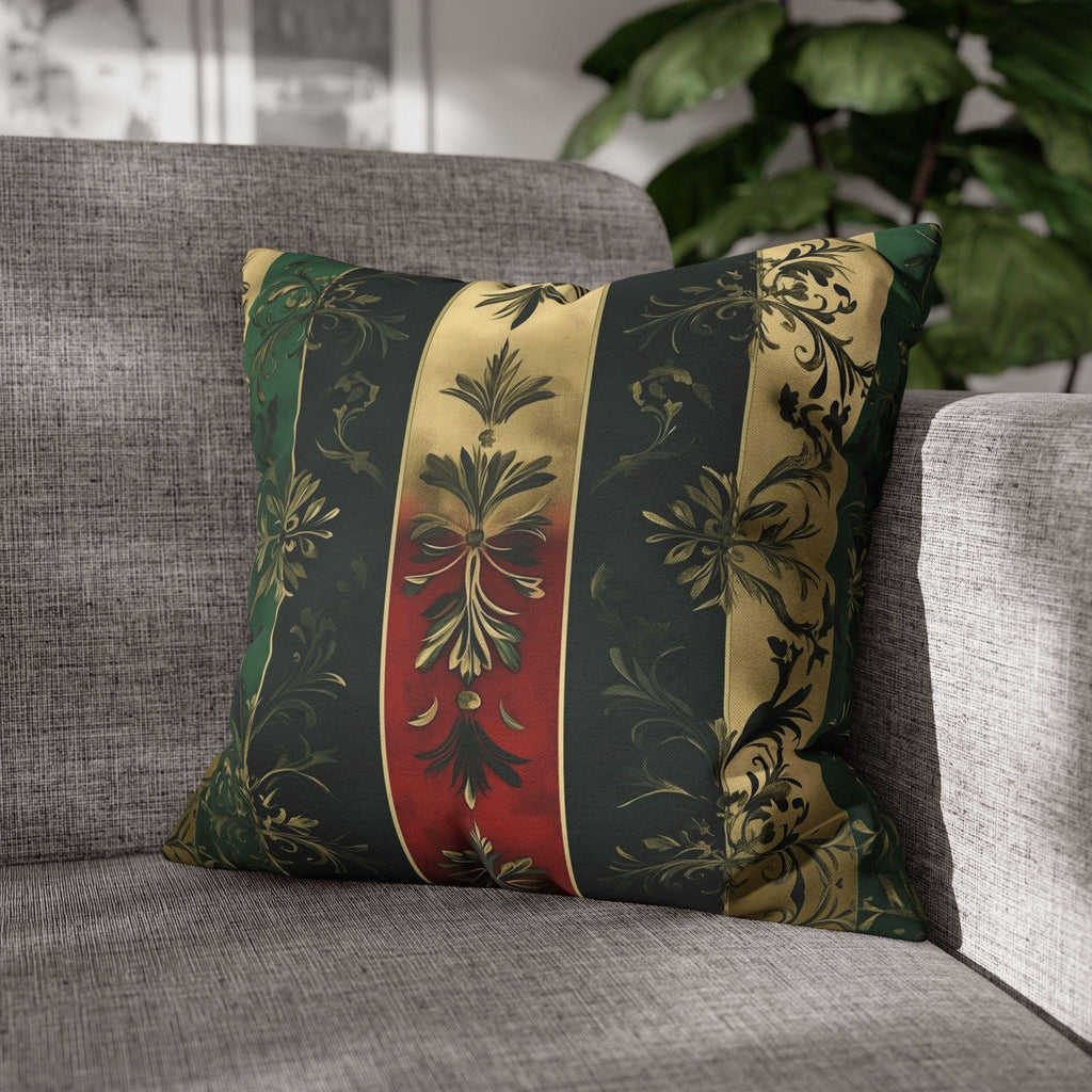Elegant Holiday Striped Pillowcase: Floral Botanical Design, Gold Green Red Decorative Cover