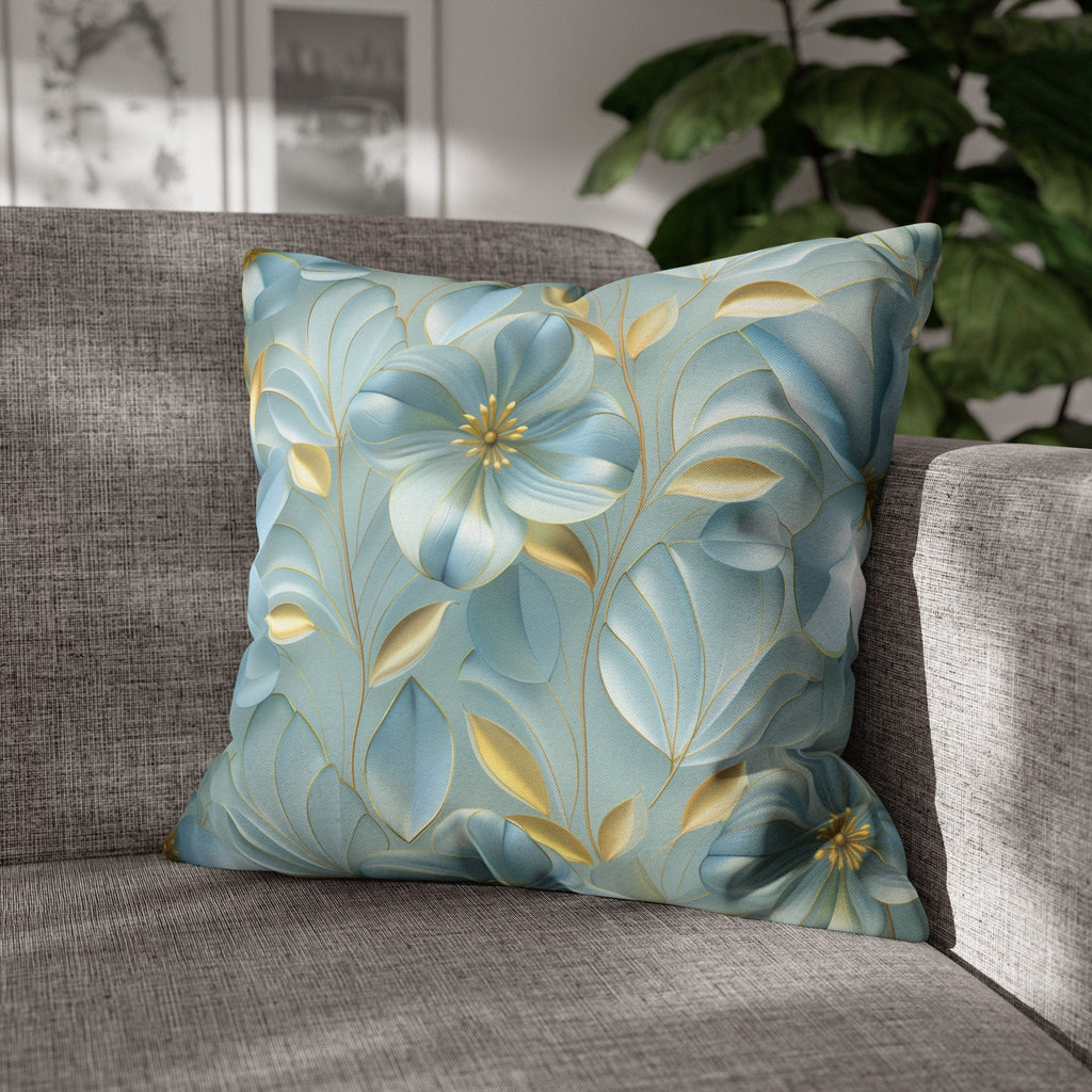 Blue Magnolia Throw Pillow Cover: Gold Leaf Floral Cushion