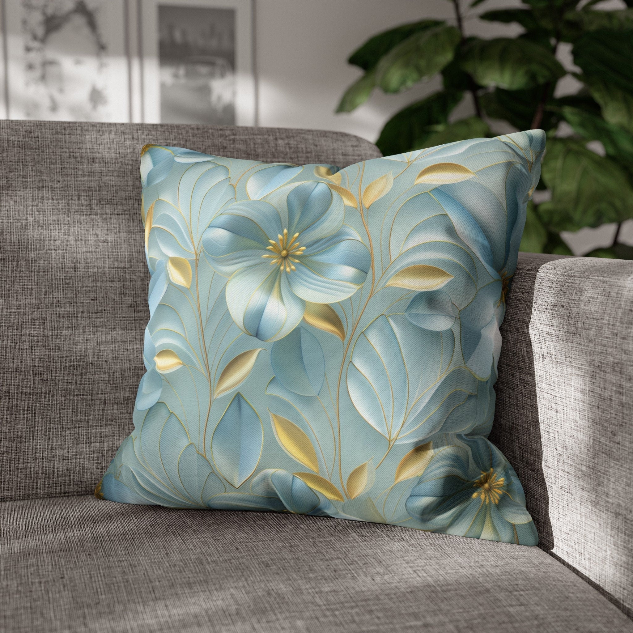 Blue Magnolia Throw Pillow Cover: Gold Leaf Floral Cushion
